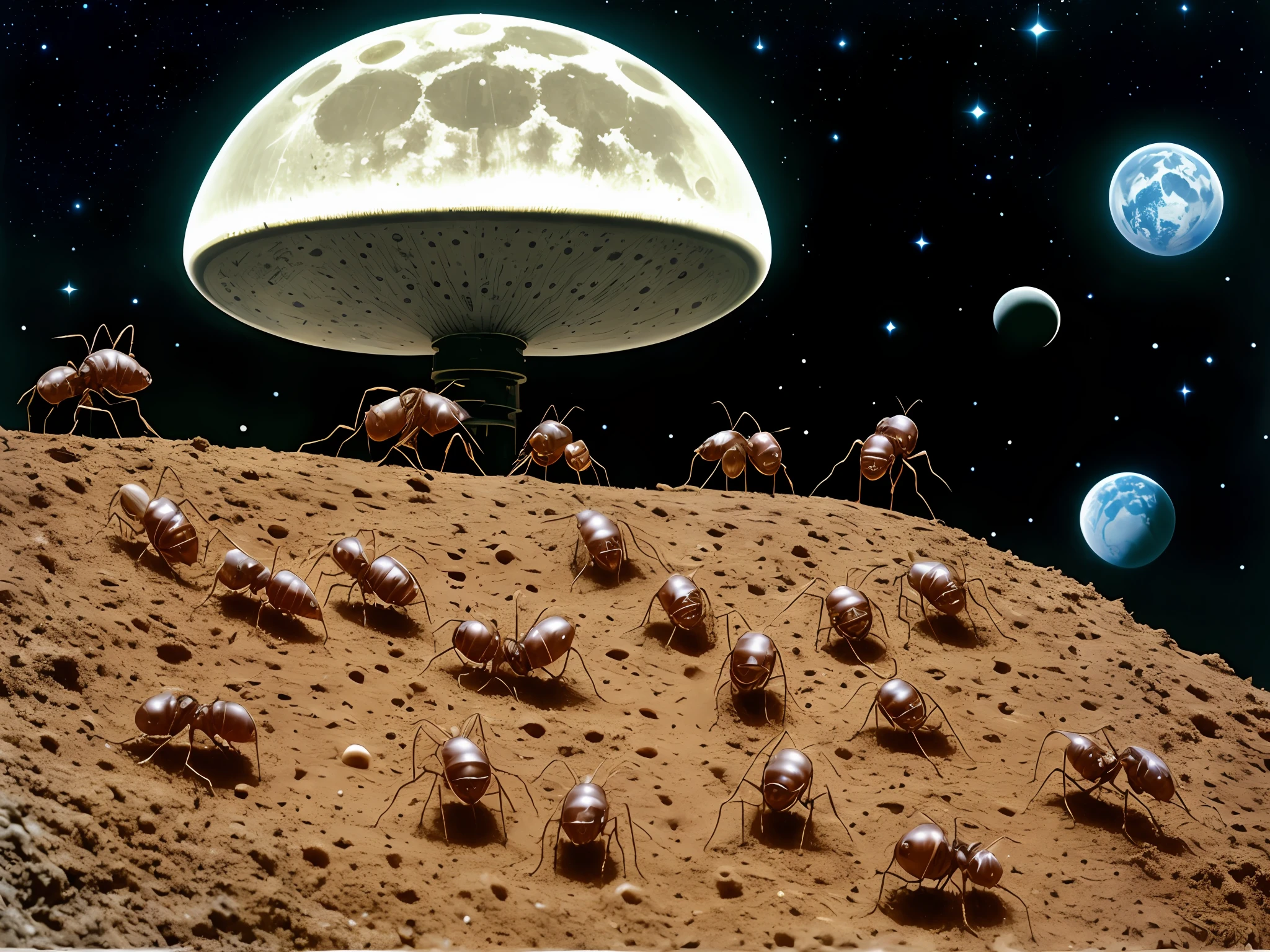 Anthill from the moon with ants astronauts