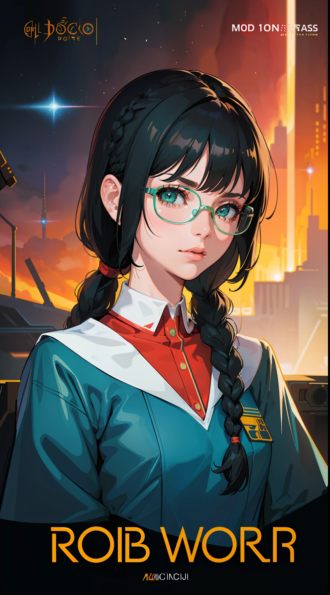 Science Fiction,Sci-Fi,Sci-Fi Movies,Movie Posters,Movie Quotes,1984 Movie References,Stories About Rebellion,Adult,Woman,28,Small Breasts,Skinny,Green Eyes,Black Hair,Double Braided Hairstyle,(Bob Pony Hairstyle),Red Glasses,Gown,Doctor Uniform,Realistic Face Resolution,Realistic,Object Resolution