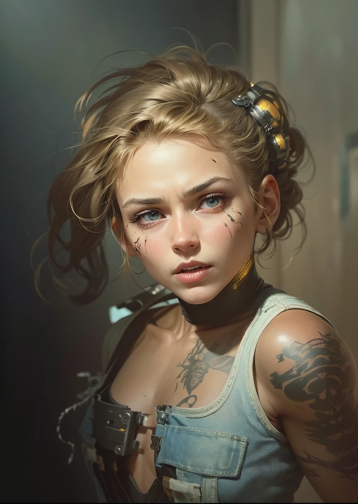 super detailed beautiful woman fixing the device in the garage, (brown hair with trimmed hair: 1.3), (cybernetic arms: 1.1), dressed (denim vest: 1.3) and short shorts, tattoo, (cyberpunk valentino: 1.1), robot parts, 150mm, beautiful studio soft light, edge light, bright details, luxury cyberpunk, hyperrealistic, anatomical, facial muscles, elegant, beautiful background, octane rendering, HR Giger style, 8k, best quality,  masterpiece, illustration, extremely delicate and beautiful, extremely detailed, computer graphics, unity, wallpaper, (realistic, photorealistic: 1.37), stunning, fine details, masterpiece, best quality, official art, extremely detailed CG Unity 8k wallpapers, absurdities, incredible absurdities, robot, full body, (large angle: 1.3)