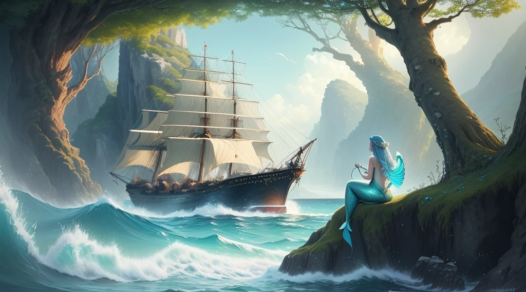 An Epic Painting of Aesthetic Poetic Perfection: We can see a blue sea, which occupies most of the space of the picture and forms the background of the entire painting. In the lower left corner, there is a mermaid princess with her back against the rock, caressing the singer Jianqin, and seems to be enjoying her beautiful singing. Her lower body is clearly visible, and she sways her fish tail in the sea. In the upper right corner is a very large tree that grows on the beach. Next to it, there are some ancient ruins that collapsed on the side. The shade of the tree has covered the sky in the middle, making the whole picture richer. At the bottom of the tree, there are some vines fishing, which adds layers to the picture. In the middle vista, we can see a large ship, which is slowly approaching, as if attracted by the song of the mermaid princess. The whole picture is full of poetry and beauty, making people feel the tranquility and mystery of the sea, as well as the harmonious coexistence between man and nature. Alexander Kucharsky Digital Art, CG Society Trends, Fantasy Art, Beautiful Mermaid, Goddess of the Sea, Beautiful Digital Art, Very Beautiful Fantasy Art, HD Wallpaper, Beautiful Fantasy Art, HD Wallpaper, Mermaid, Very Beautiful Digital Art, Breathtaking Fantasy Art, Mermaid in the Sea