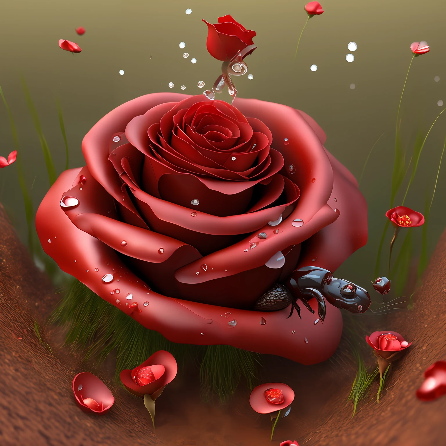 red rose with falling petals growing on an anthill, around grass and water droplets, detailed, 3D rendering, magic style, photorealistic