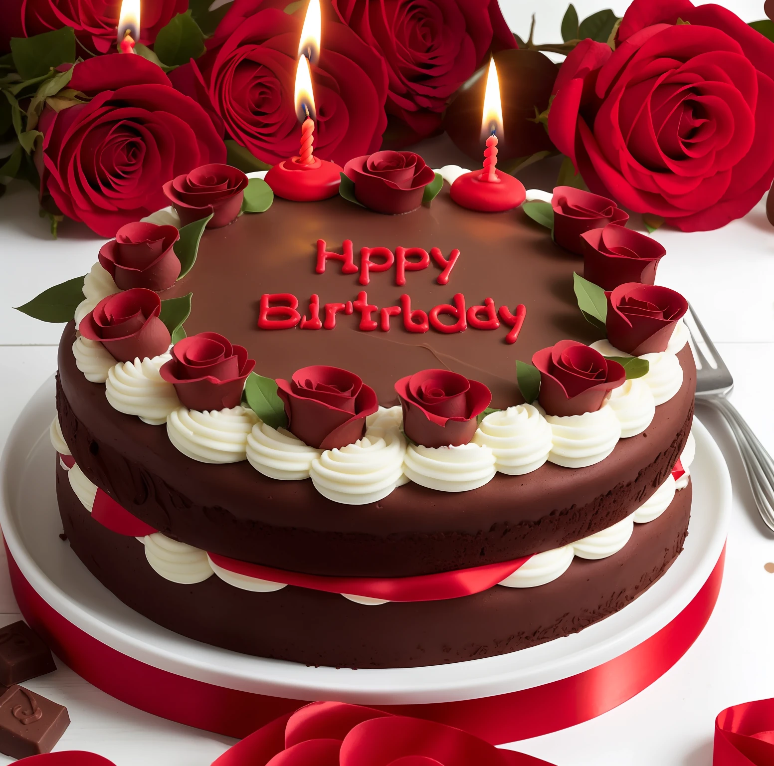 red birthday cake is decorated with some chocolate roses and some candles