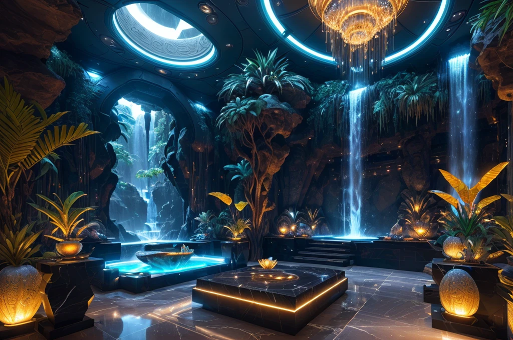 incredible luxurious futuristic interior in Ancient Egyptian style with many ((lush plants)) (lotus flowers), ((palm trees)), rocky walls, (sand), ((waterfalls)) (marble), ((precious minerals)), ((metals)), (gemstones), crystals, clouds and ((water)), futuristic luxury furniture, crocodiles, (hieroglyphics), (((ultra luxury))), (black marble) – with ((beautiful lights)), Unreal Engine, HQ, 16k