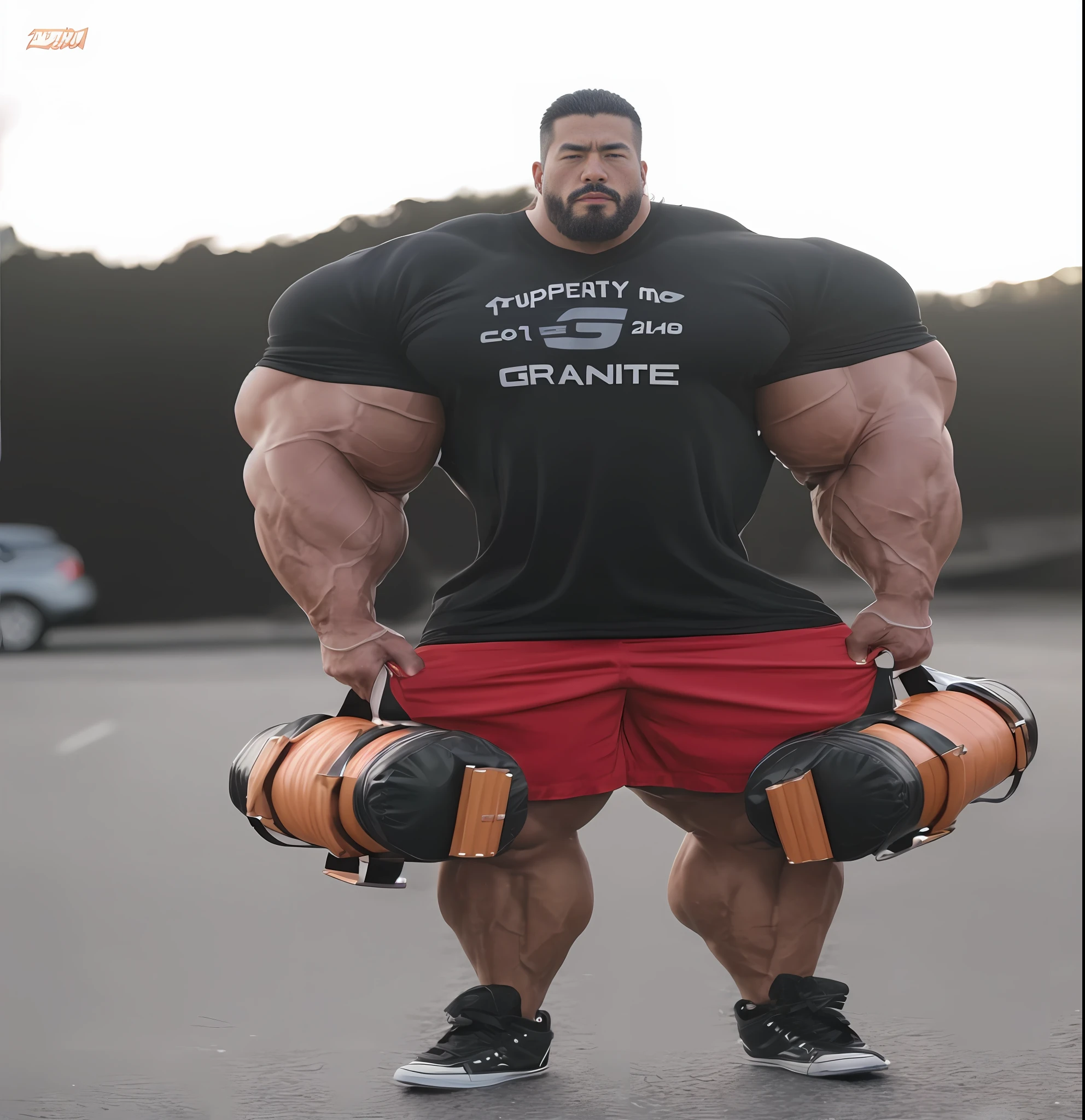 A close up photo of yami sukehiro, muscular, huge muscles, hyper muscles, hyperrealistic, goatee, black hair