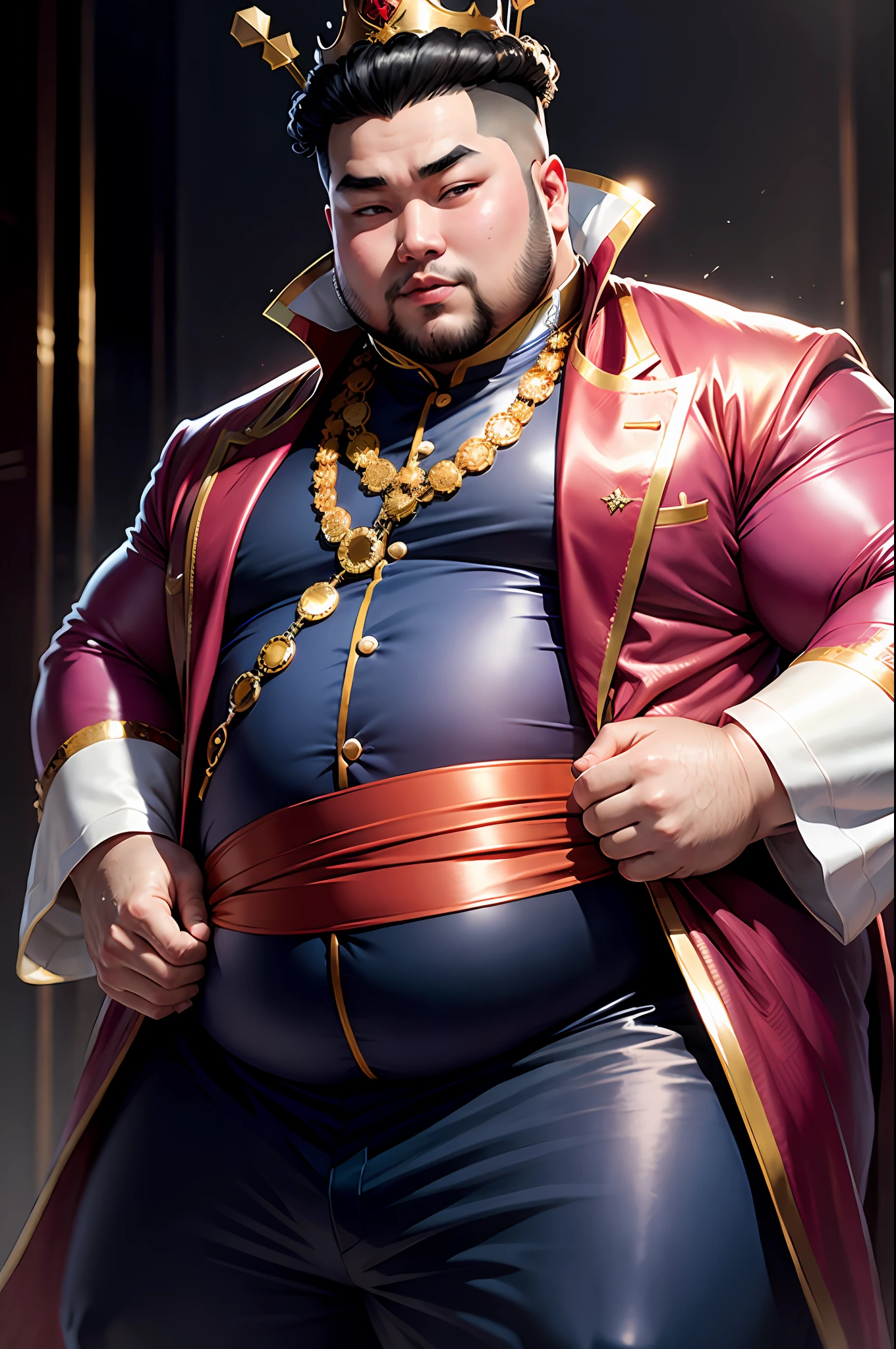 Fat Asian man with crown on head with prince's outfit