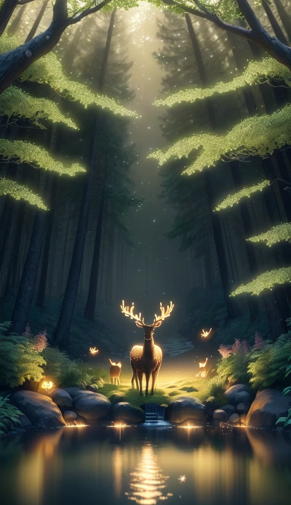 Masterpiece, best quality, (very detailed CG unified 8k wallpaper), (best quality), (best illustration), (best shadow), glowing deer, with a glowing deer, drinking water in the pool, natural elements in forest theme. Mysterious forest, beautiful forest, nature, surrounded by flowers, delicate leaves and branches surrounded by fireflies (natural elements), (jungle theme), (leaves), (branches), (fireflies), (particle effects) and other 3D, Octane rendering, ray tracing, super detailed