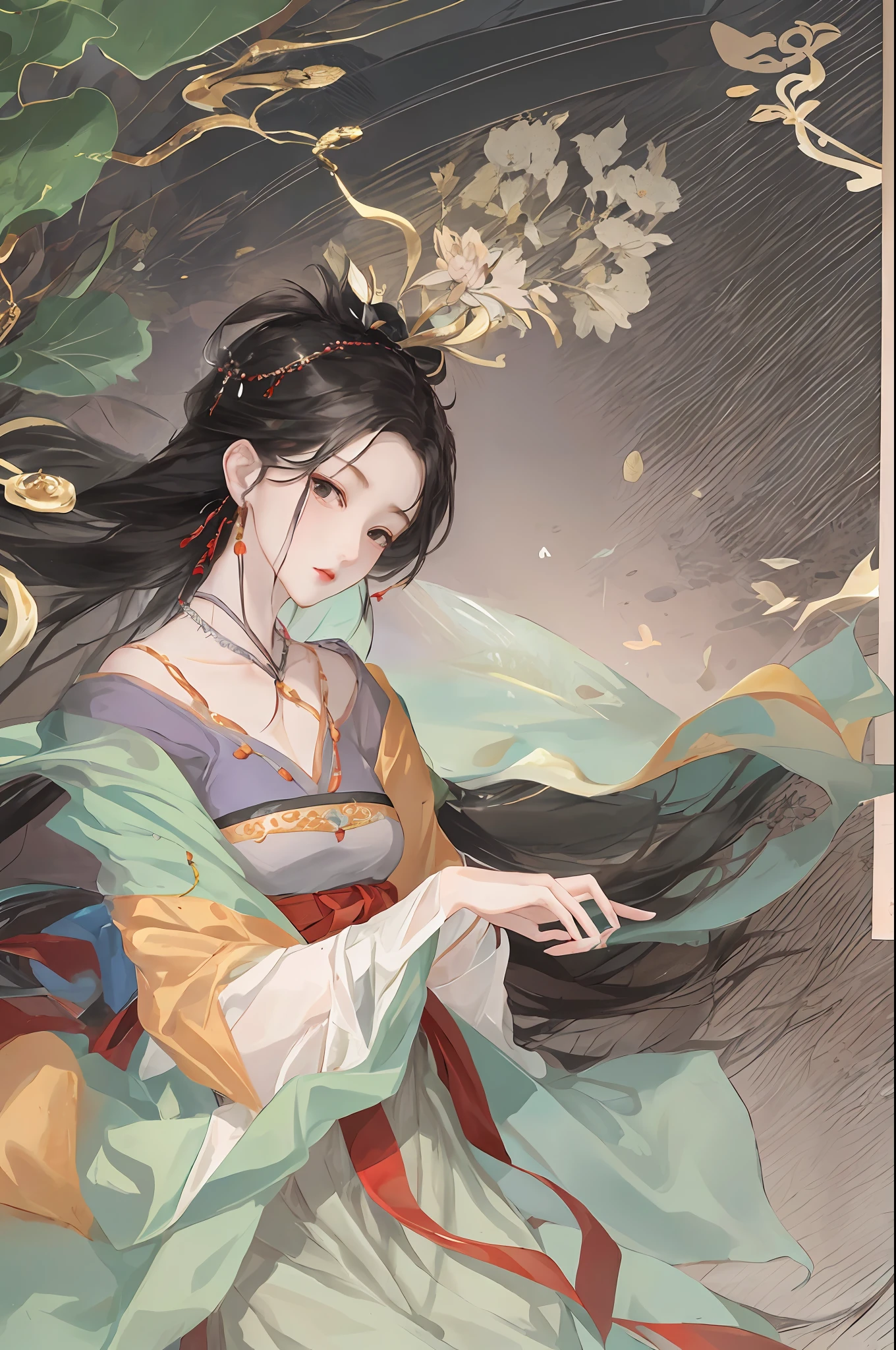 An ancient Chinese beauty sitting on a stone, wearing ancient Chinese clothing, flowing tulle, light silk, lazy posture, large lotus leaf, lotus, ink painting style, clean color, decisive cutting, blank, freehand, masterpiece, super detailed, epic composition, high quality, the highest quality, 4k --v 6