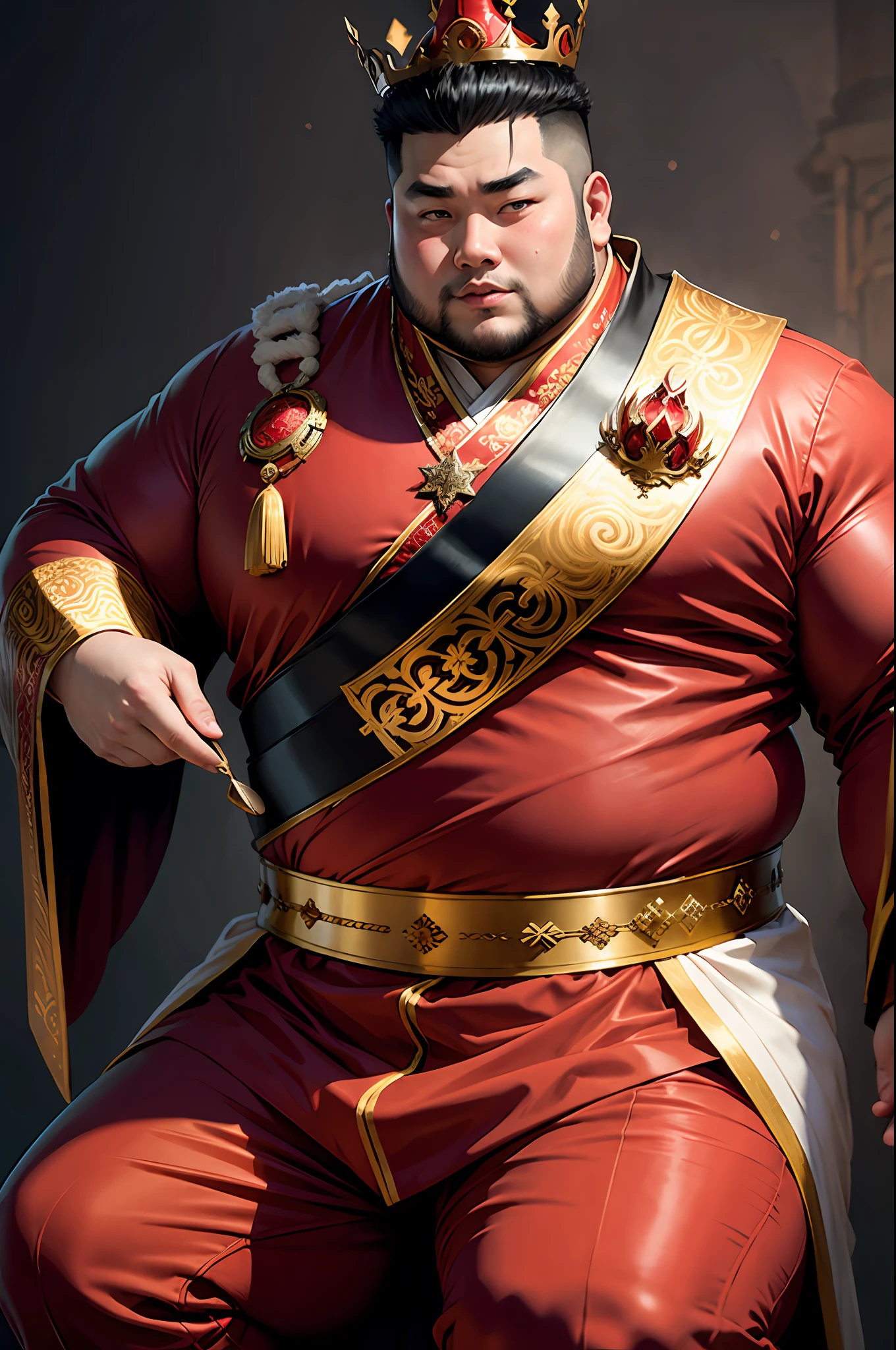 Fat Asian man with crown on head with red prince outfit