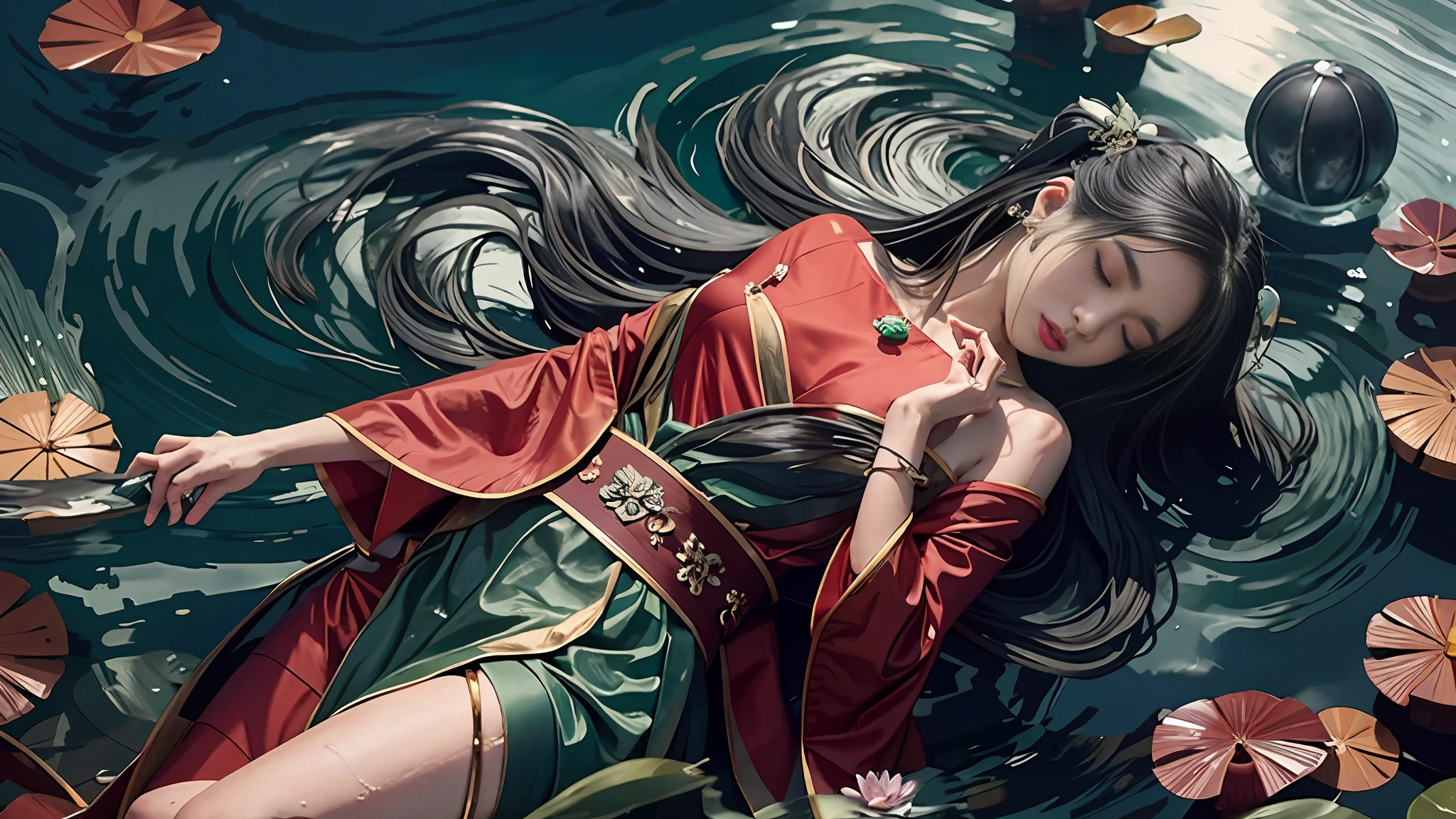 Dark green Hanfu, a woman, cool, fair skin, sea of flowers, pond, lily, clavicle, eyes closed, half submerged in water, dark background, moonlight, hairpin, jade pendant, Hanfu, delicate face, hair accessories, Red lips, skirt, belt, jewelry, long hair, earrings, , Hanfu, the best quality, silky hair, perfect body proportions, wet, slender legs, clenched hands