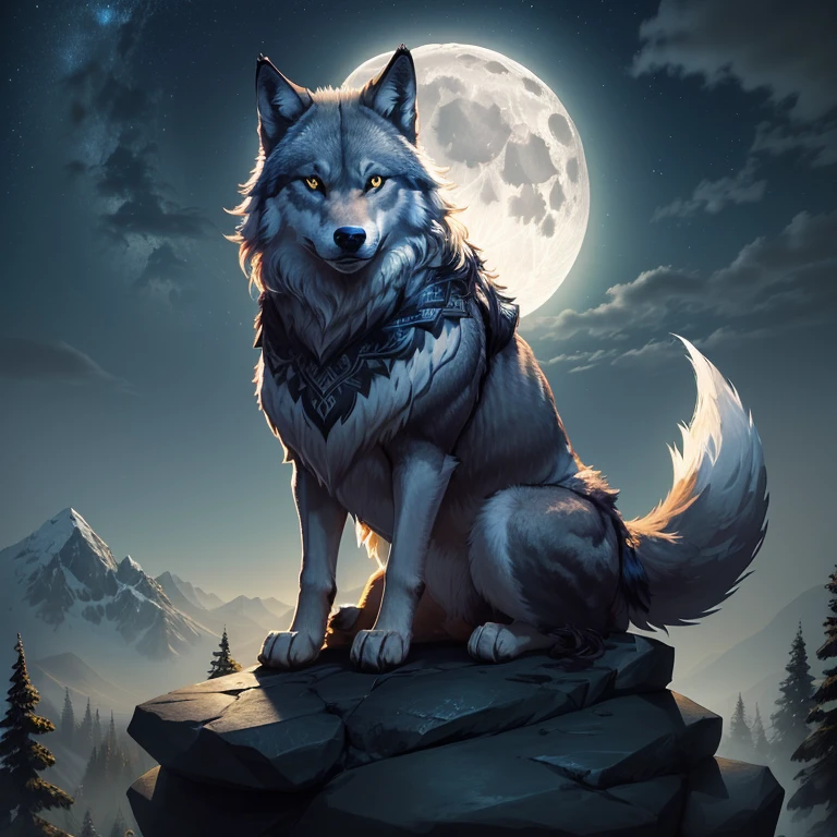 single wolf sitting on a stone pile on a hill. Midnight. Bright moon in the sky. Long shadows of the wolf