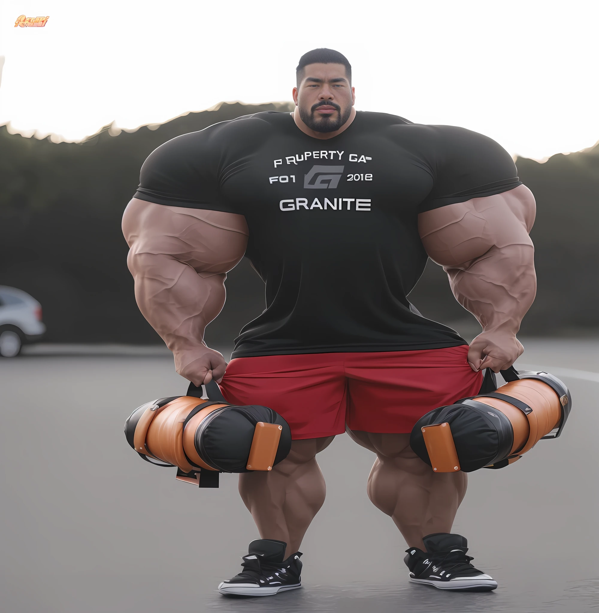 A close up photo of yami sukehiro, muscular, huge muscles, hyper muscles, hyperrealistic, goatee, black hair