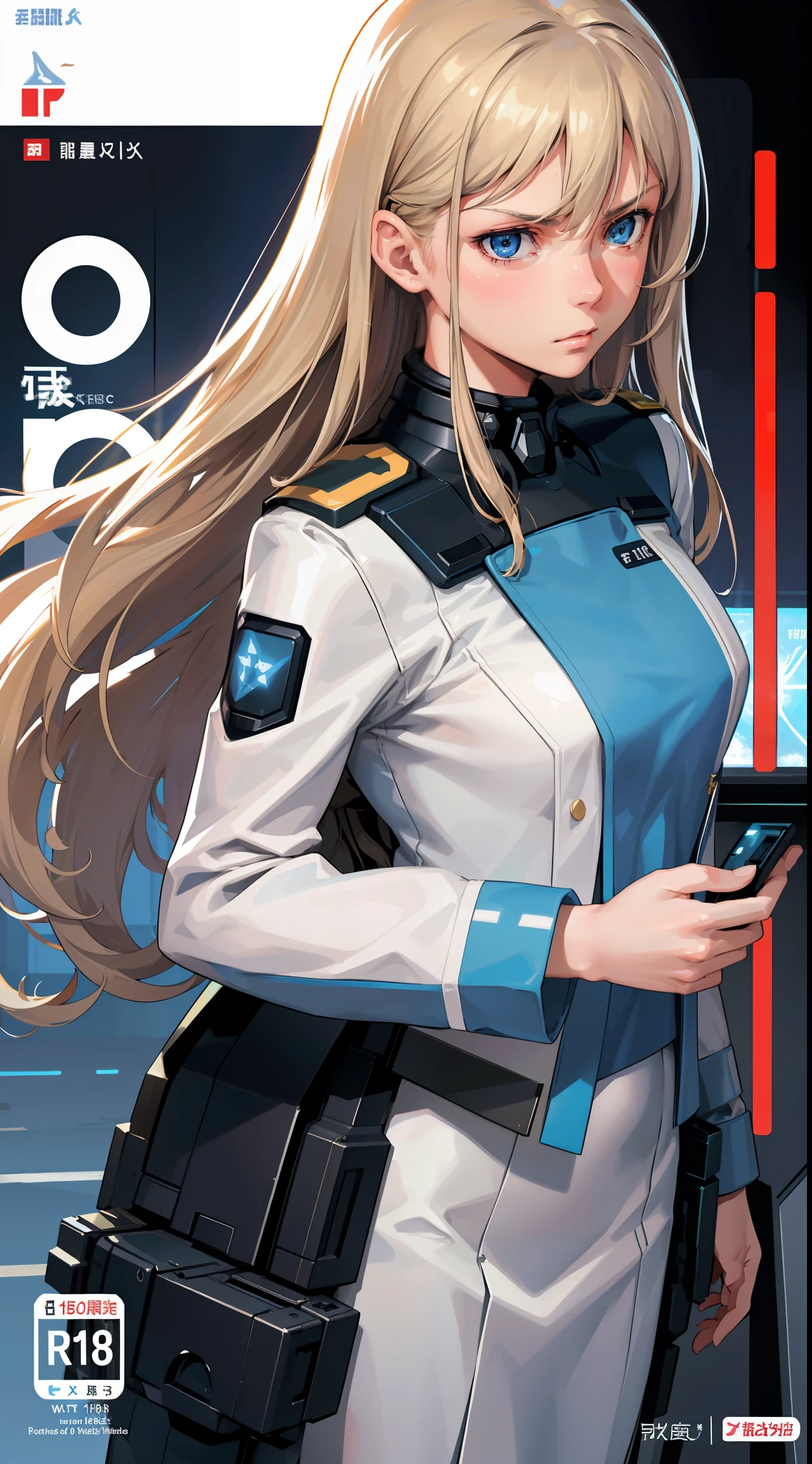 Trailer Cover,Realistic,White Air Force Uniform,(Realistic Face Resolution),Posing Cinematic,Adult,Skinny,Small,(1 Woman with Dark Blonde Long Hair,Blue Eyes),Serious Face,Science Fiction,Sci-fi,Different Characters