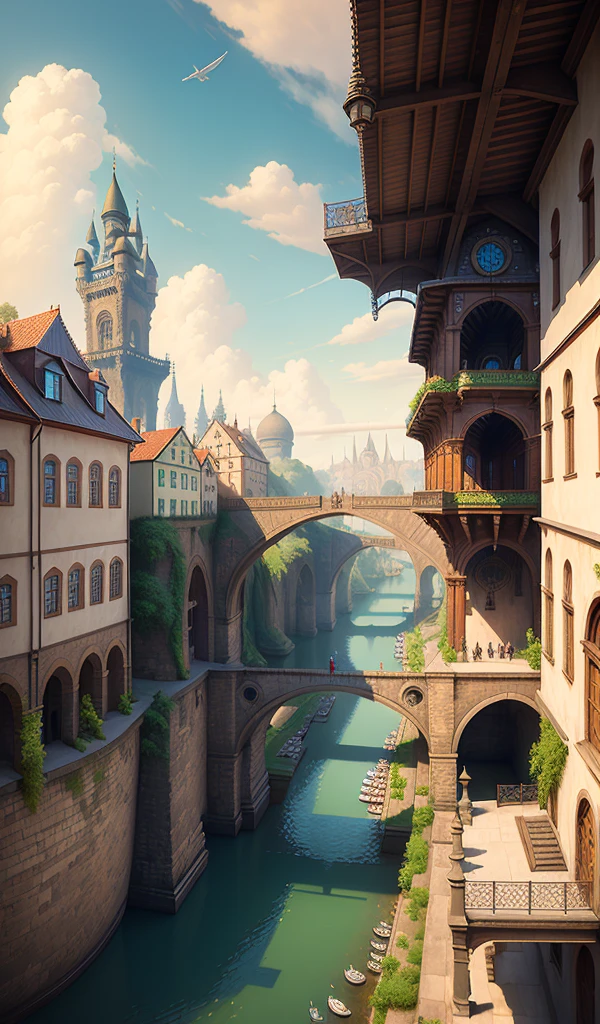 ((masterpiece)),((best quality)),((high detail)),((realistically,)) industrial age island flying in the clouds, architectural streets, bazaars, bridges, sunny days, steampunk, Czech architecture