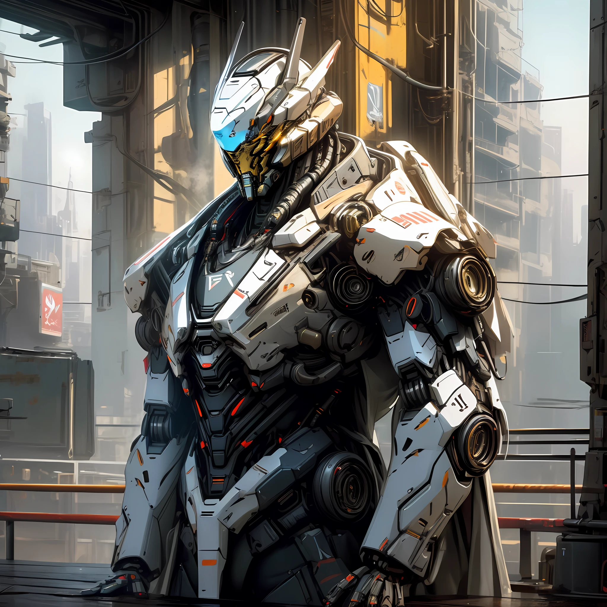 Dark_Fantasy,Cyberpunk, (Best quality, Masterpiece),white,1man,Mechanical marvel,Robotic presence,Cybernetic guardian,wearing a cybernetic jacket,city, highest quality digital art, Stunning art, wallpaper 4k, highly detailed, military robot,army, warzone,black and white, highest quality digital art, Stunning art, wallpaper 4k,8k,64k, HD, unparalleled masterpiece, dynamic lighting, cinematic, epic, damaged mechanical parts