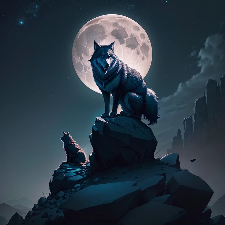 a lone wolf sitting on a pile of rocks on a small hill and howling at the moon. Midnight.