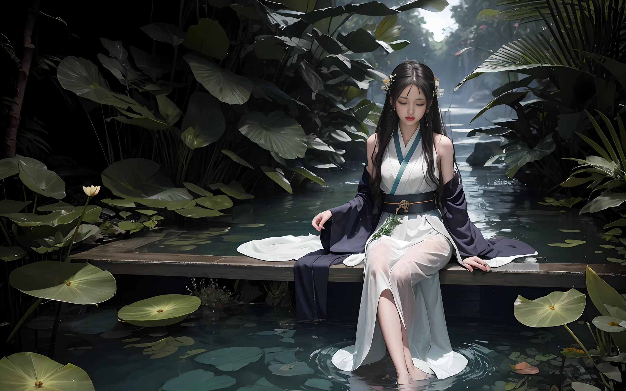 Dark green Hanfu, a woman, cool, fair skin, sea of flowers, pond, petals floating on the water, lily, clavicle, eyes closed, half submerged in water, dark background, moonlight, hairpin, jade pendant, Hanfu, delicate face, hair accessories, red lips, skirt, belt, jewelry, long hair, earrings, , hair strands, perfect body proportions, wet, slender legs, bridge