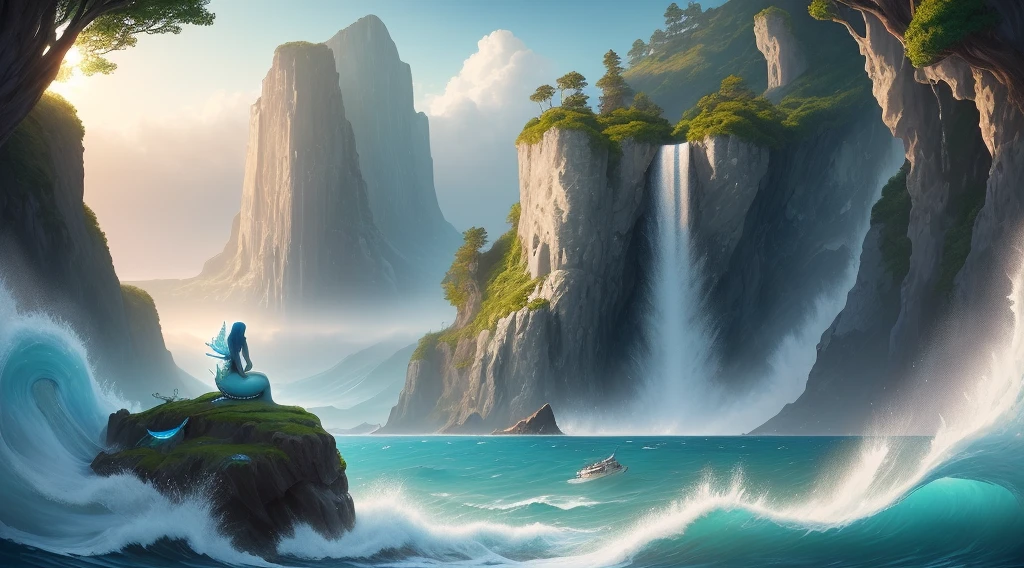 An epic painting of aesthetic poetic perfection: the blue sea, which occupies most of the space of the picture and forms the background of the entire painting. In the lower left corner is a mermaid princess with her back against the rock, caressing the singer's harp, seemingly enjoying her beautiful singing. Her lower body is clearly visible, and she sways her fish tail in the sea. On the right is a very large tree that grows on the beach. Next to it, there are some ancient ruins that collapsed on the side. The shade of the tree has covered the sky in the middle, making the whole picture richer. At the bottom of the tree, there are some vines fishing, which adds layers to the picture. In the middle vista, we can see a large ship, which is slowly approaching, as if attracted by the song of the mermaid princess. The whole picture is full of poetry and beauty, making people feel the tranquility and mystery of the sea, as well as the harmonious coexistence between man and nature. Alexander Kucharsky Digital Art, CG Society Trends, Fantasy Art, Beautiful Mermaid, Goddess of the Sea, Beautiful Digital Artwork, Very Beautiful Fantasy Art, HD Wallpaper, Beautiful Fantasy Art, HD Wallpaper, Mermaid, Very Beautiful Digital Art, Breathtaking Fantasy Art, Mermaid in the Sea, Photography Epic Art Layout