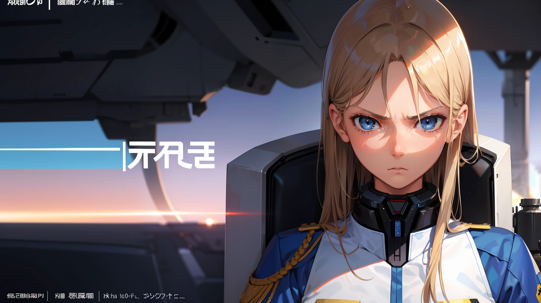 Trailer Cover,Realistic,White Air Force Uniform,(Realistic Face Resolution),Posing Cinematic,Adult,Skinny,Small,(1 Woman with Dark Blonde Long Hair,Blue Eyes),Serious Face,Science Fiction,Sci-fi,Different Characters