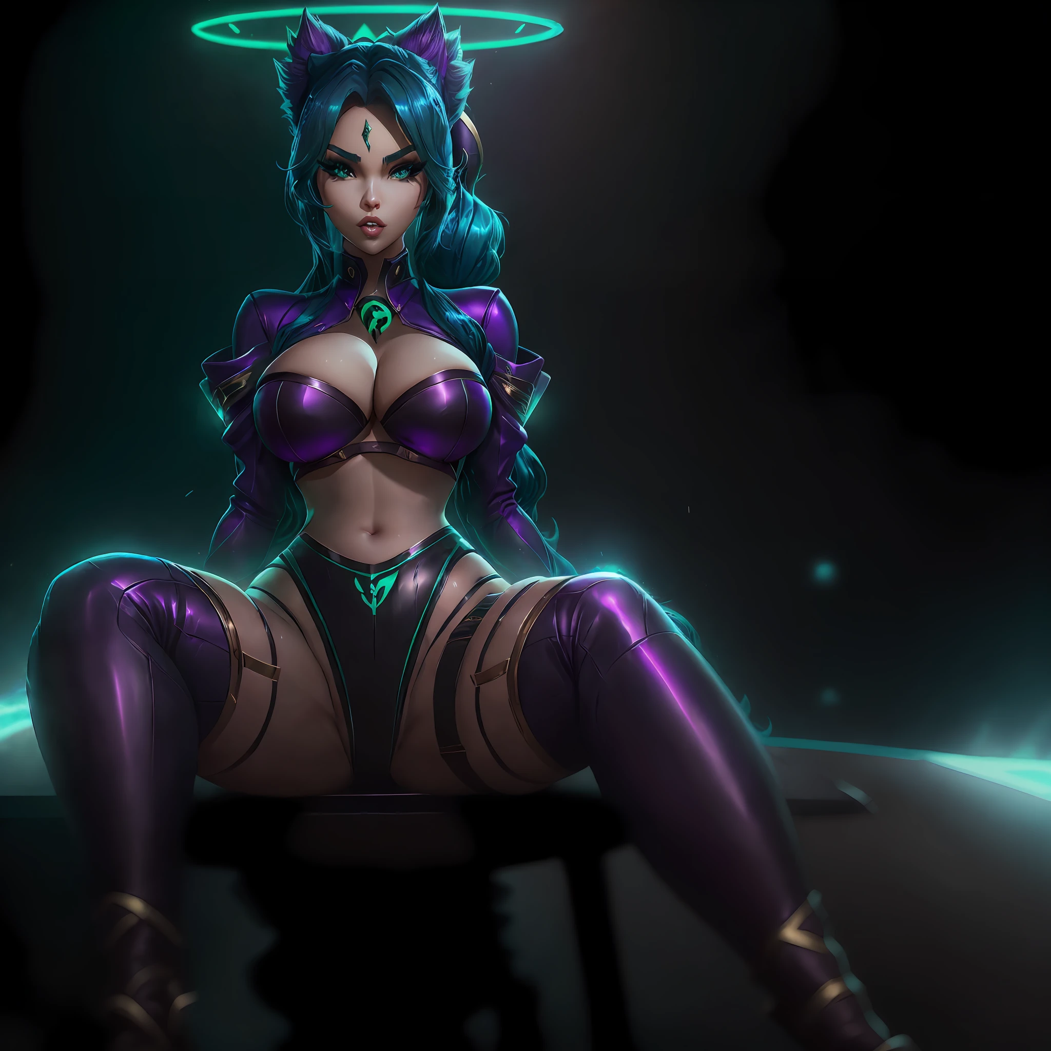 K/DA Kai'Sa,K/DA baddest outfit,solo girl,looking at viewer,slutty face,spreading legs,one hand holding her hair,single ponytail,league of legends,single ponytail,skin splashart,greenish blueish hair