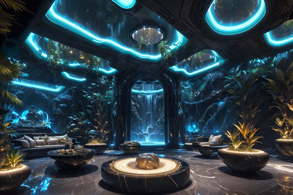 incredible luxurious futuristic interior in Ancient Egyptian style with many ((lush plants)) (lotus flowers), ((palm trees)), rocky walls, (sand), ((waterfalls)) (marble), ((precious minerals)), ((metals)), (gemstones), crystals, clouds and ((water)), ((futuristic luxury furniture)), crocodiles, (hieroglyphics), (((ultra luxury))), (black marble) – with ((beautiful lights)), Unreal Engine, HQ, 16k