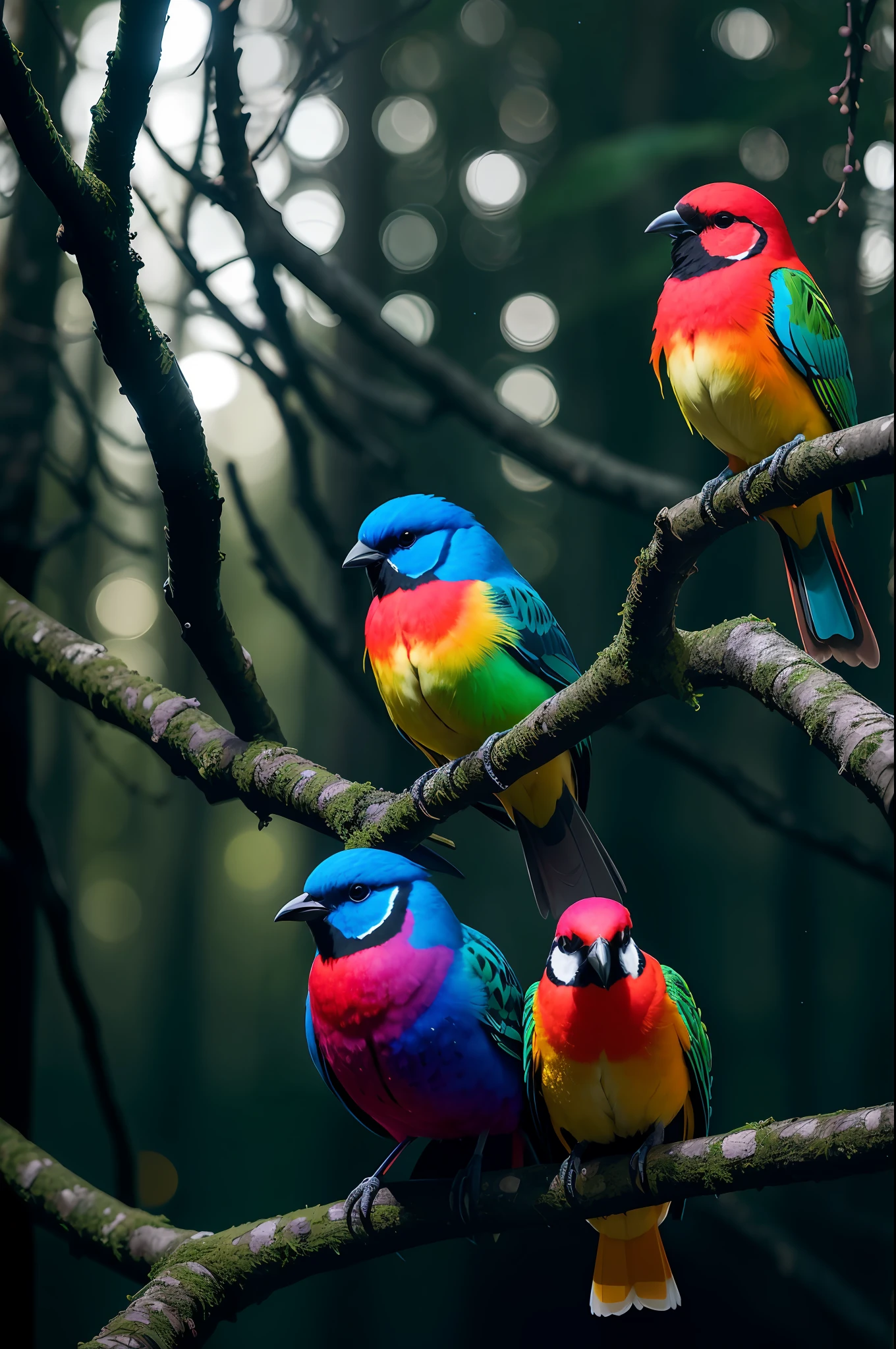 (((Colorful birds sitting on branches, dark mysterious forest, dramatic lights, dark photos, night))), Best Quality, Ultra High Resolution, (Realism: 1.4), High Resolution, Detailed, Original Photo, Sharp, by Lee Jeffries Nikon D850 Film Stock Photograph 4 Kodak Portra 400 Camera F1.6 Lens Rich Colors Hyper Realistic lifelike texture dramatic lighting unrealengine trending on artstation cinestill 800,, photorealistic, photo, masterpiece, realistic, realism, photorealism, high contrast, photorealistic Digital art trends on Artstation 8k HD High Definition