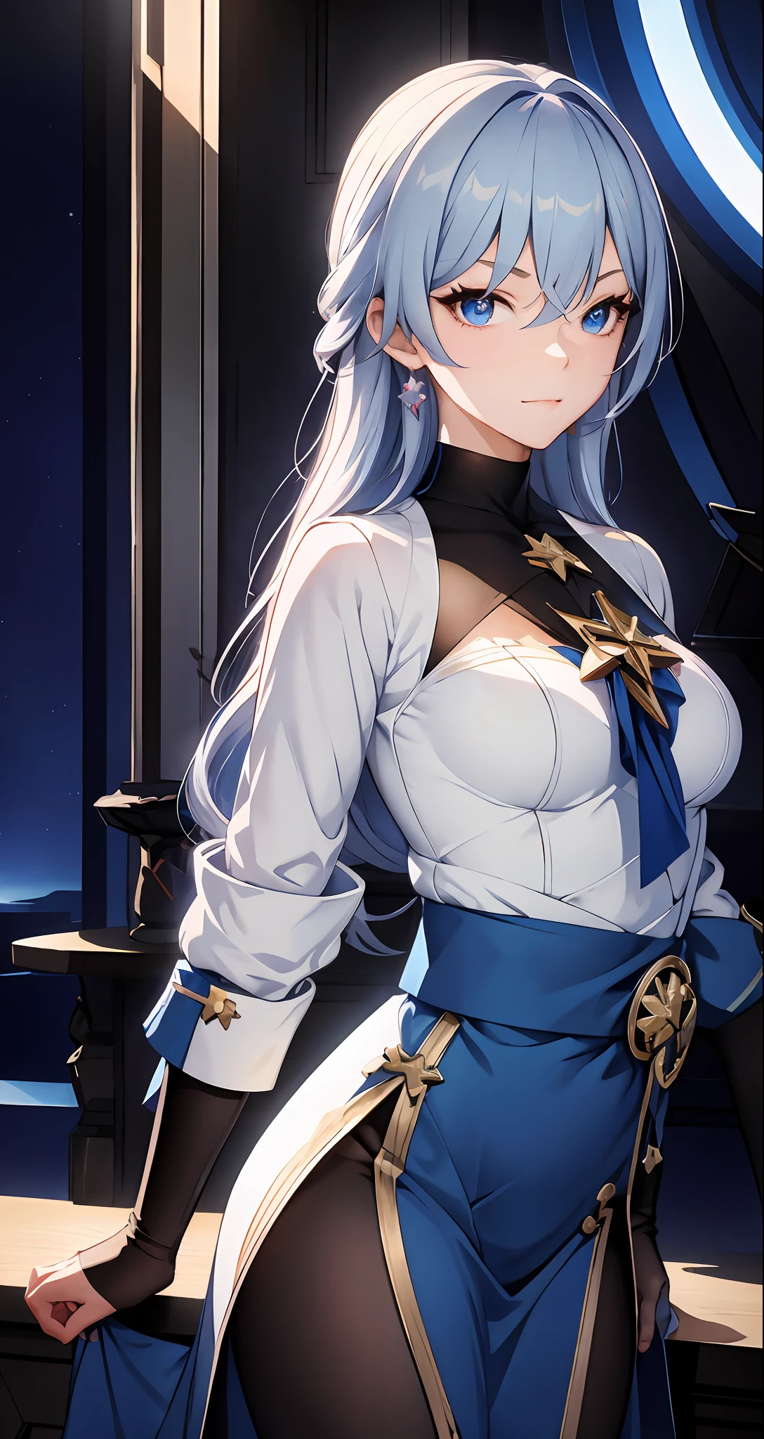 Masterpiece, Best Quality, 1girl, Official, Blue Eyes, White Hair, Bustiness, Cowboy Shot, Looking at the Audience, Dark, (Darkness), Cinematic Light, Edge Light, Detailed Eyes, (pureerosface_v1:0.5), Looking at the Audience, (Realisticity: 1.2), Provocative, Honkai Star Track, Cross Legged, Arrogant, Bangs Evil Face, Fantasy Background