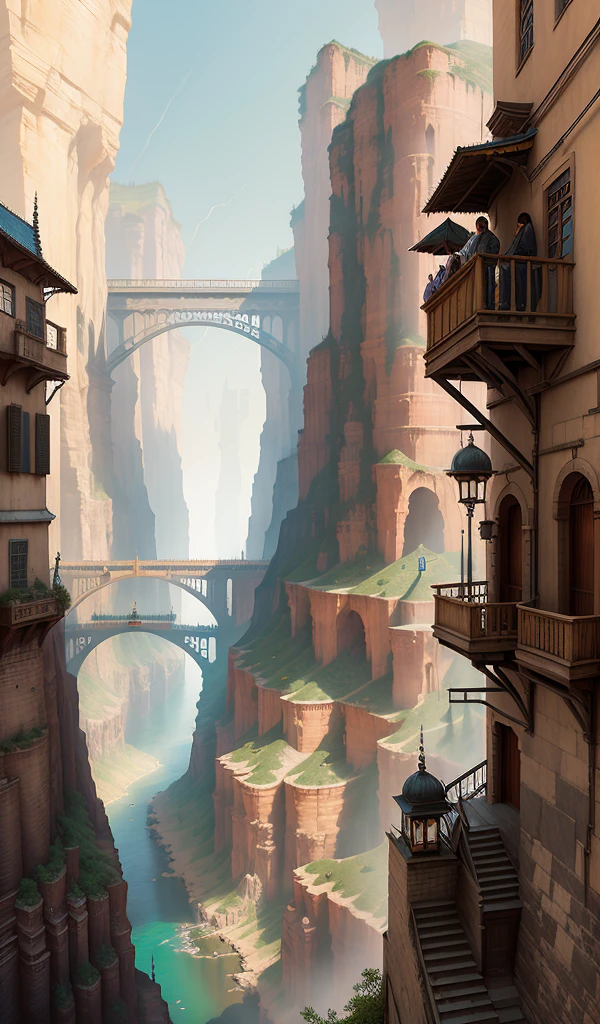 ((masterpiece)),((best quality)),((high detial)),((realistic,)) Industrial age city, deep canyons in the middle, architectural streets, bazaars, Bridges, rainy days, steampunk, European architecture