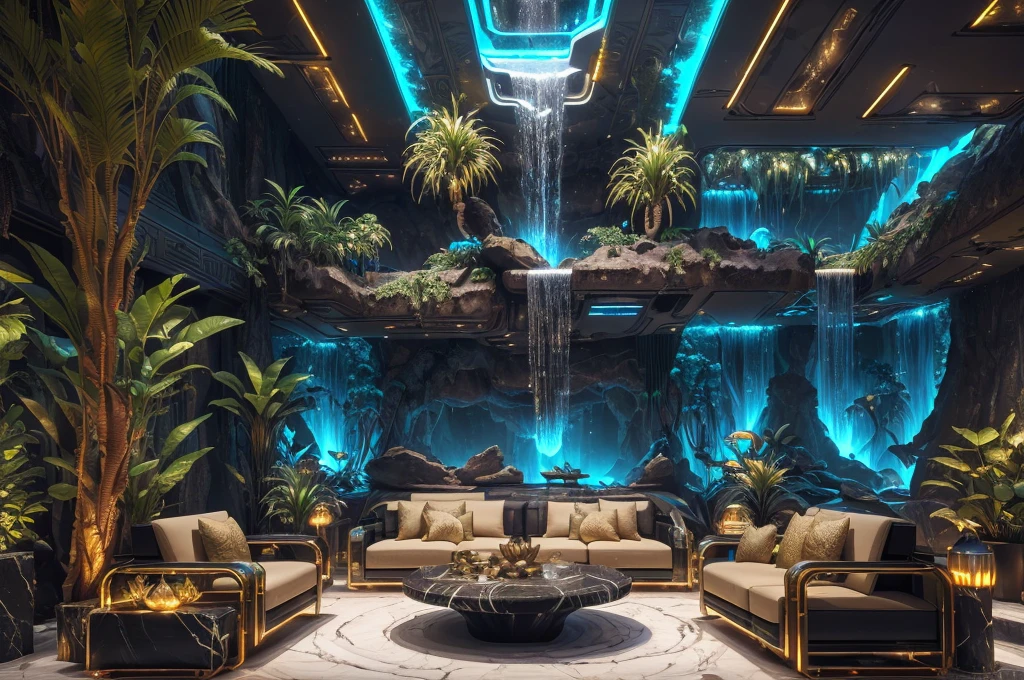 incredible luxurious futuristic living room interior in Ancient Egyptian style with many ((lush plants)) (lotus flowers), ((palm trees)), rocky walls, (sand), ((waterfalls)) (marble), ((precious minerals)), ((metals)), (gemstones), crystals, clouds and ((water)), ((futuristic luxury furniture)), crocodiles, (hieroglyphics), (((ultra luxury))), (black marble) – with ((beautiful lights)), Unreal Engine, HQ, 16k