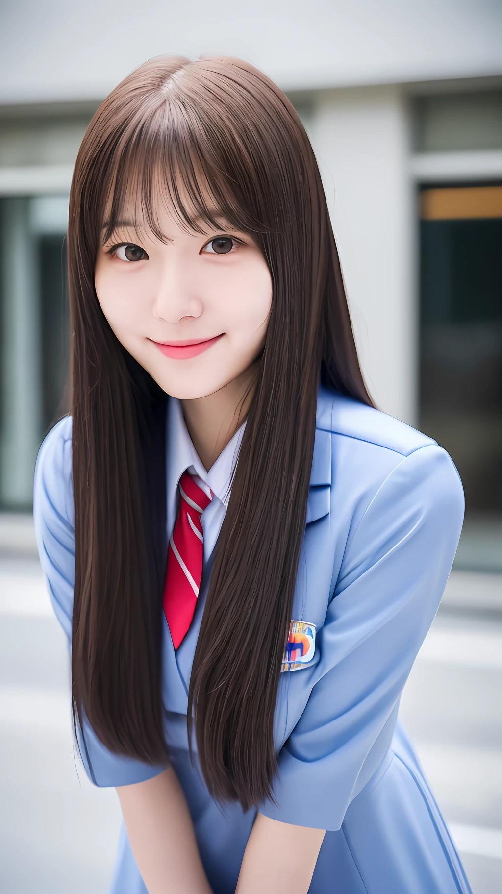 realistic photos of 1 cute Korean star female, hair flaps, thin makeup, medium breasts size, slightly smile, random uniform, in the building, clear facial features, 16K high resolution, sharp and realistic details, Nikon, f/16, chromatic aberration abuse, UHD, masterpiece