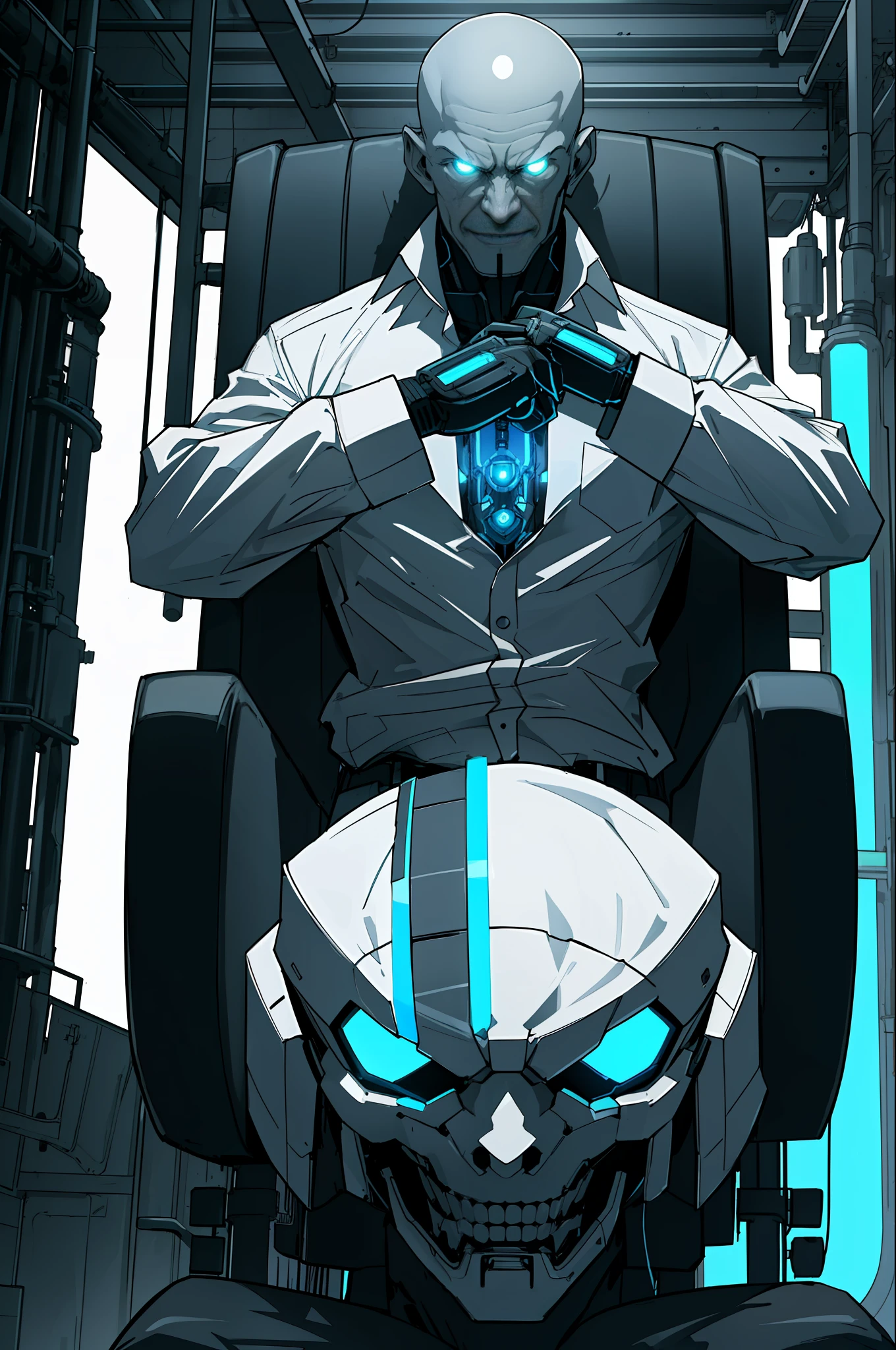 (extremely detailed CG unity 8k wallpaper,masterpiece), best quality, ultra-detailed, floating high above,(1character), a grotesque and deformed villain with enlarged head and in a floating chair, wearing a clean white shirt and red pants, with a crazy and sinister expression on his face. The background is an industrial, high-tech setting with lots of machinery and glowing blue lights.