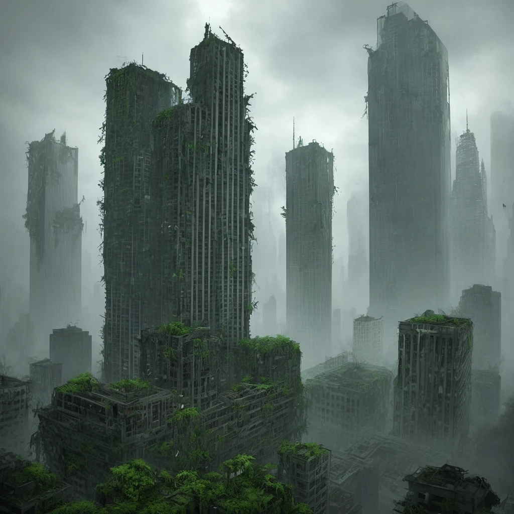 Abandoned skyscrapers and ruins taken over by nature and ghosts in a city long forgotten and decaying, create an eerie and unsettling atmosphere with an emphasis on creepers and decay.
