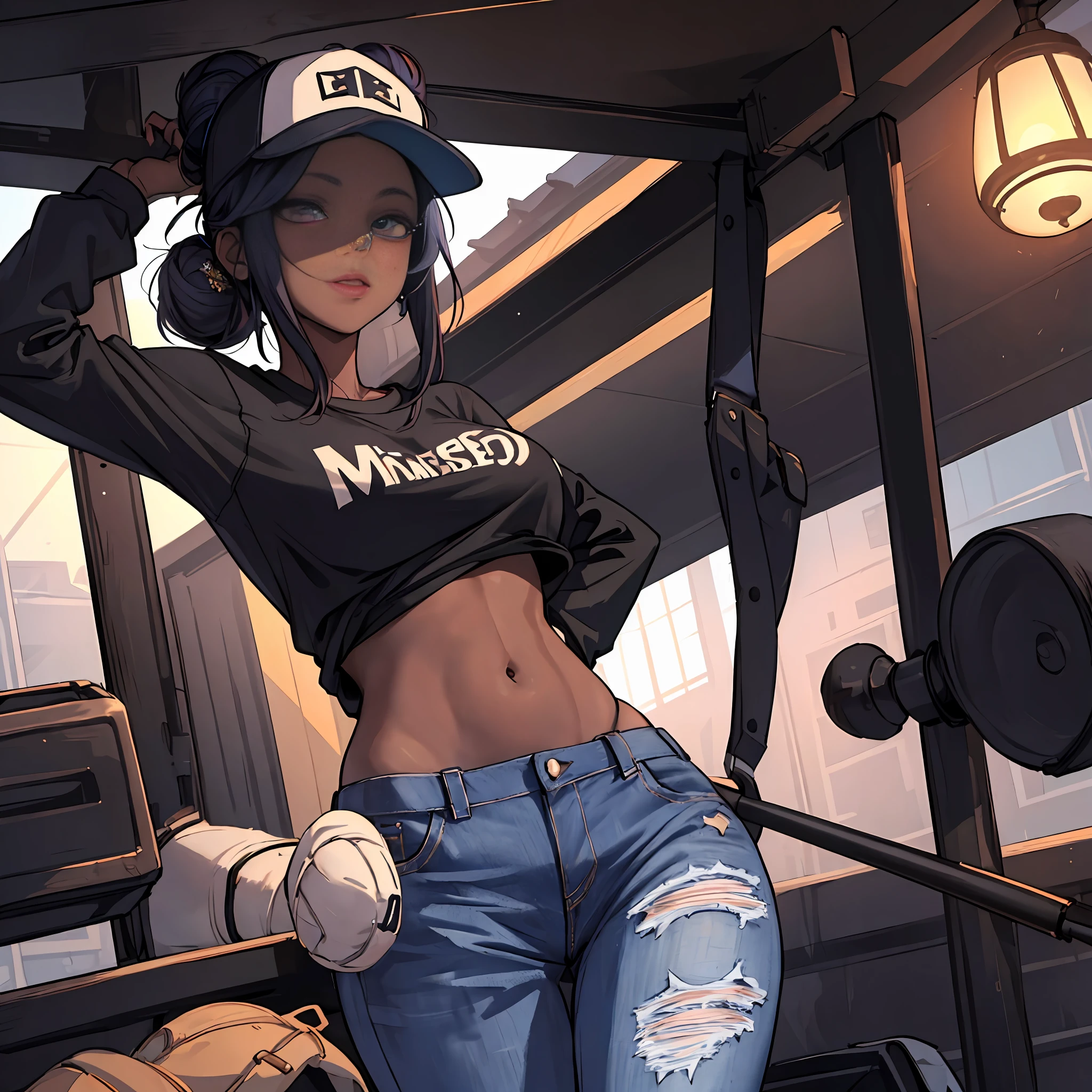 "((masterpiece, best quality)),(complex lighting) portrait of a beautiful solo woman, featuring an alluring jinx with dark skin and a baseball cap. She wears jeans and a shirt with long sleeves while her low double bun adds to the allure of the hair bun."