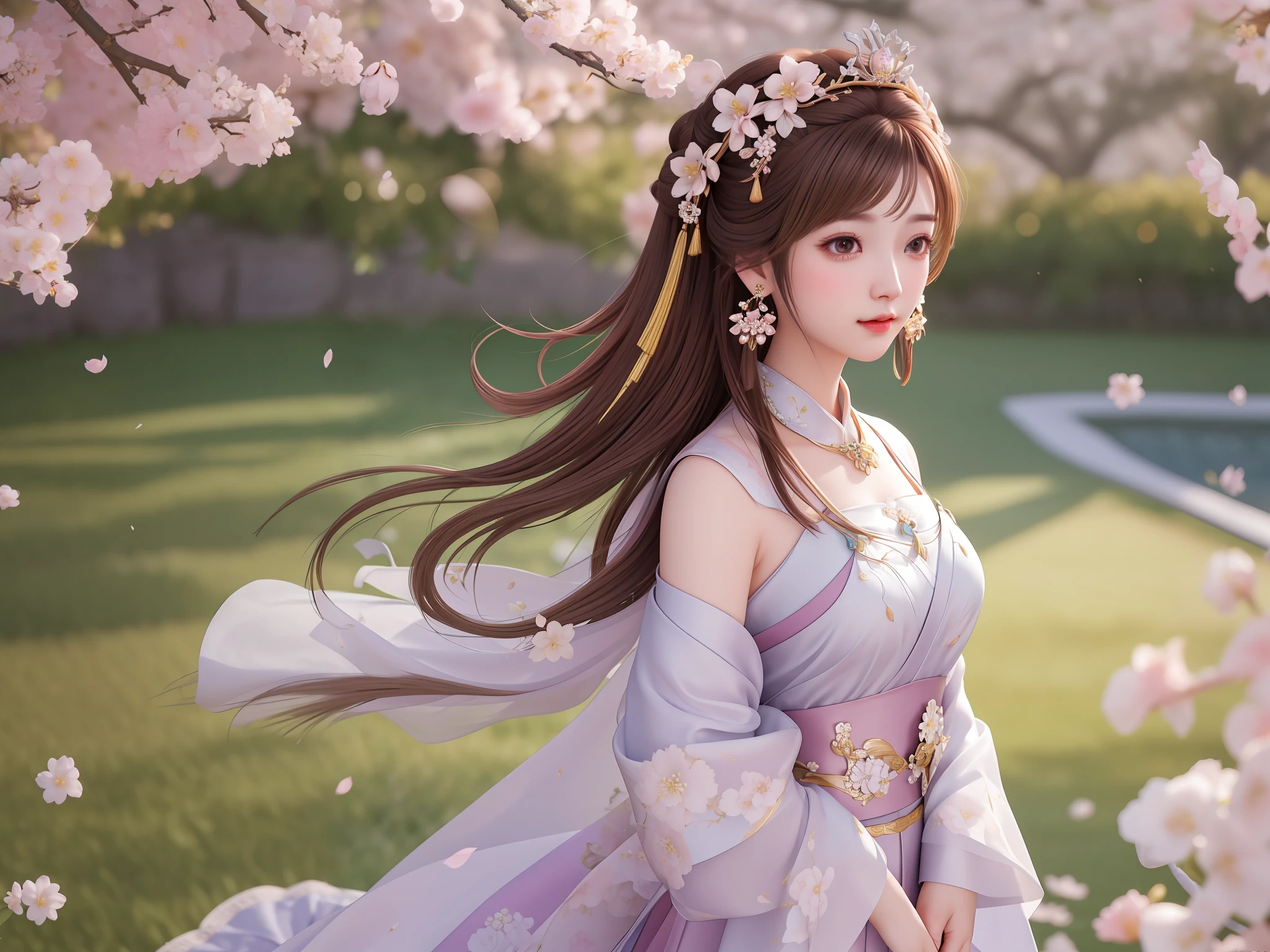masterpiece,extremely detailed CG unity 8k wallpaper,1girl, beautiful, realistic, blurry, blurry_background, blurry_foreground, branch, brown_hair, hair_bow,crown,plum blossom, depth_of_field, earrings, flower, jewelry, nose, realistic, solo,fingers hidden, arms hidden,empress, full body