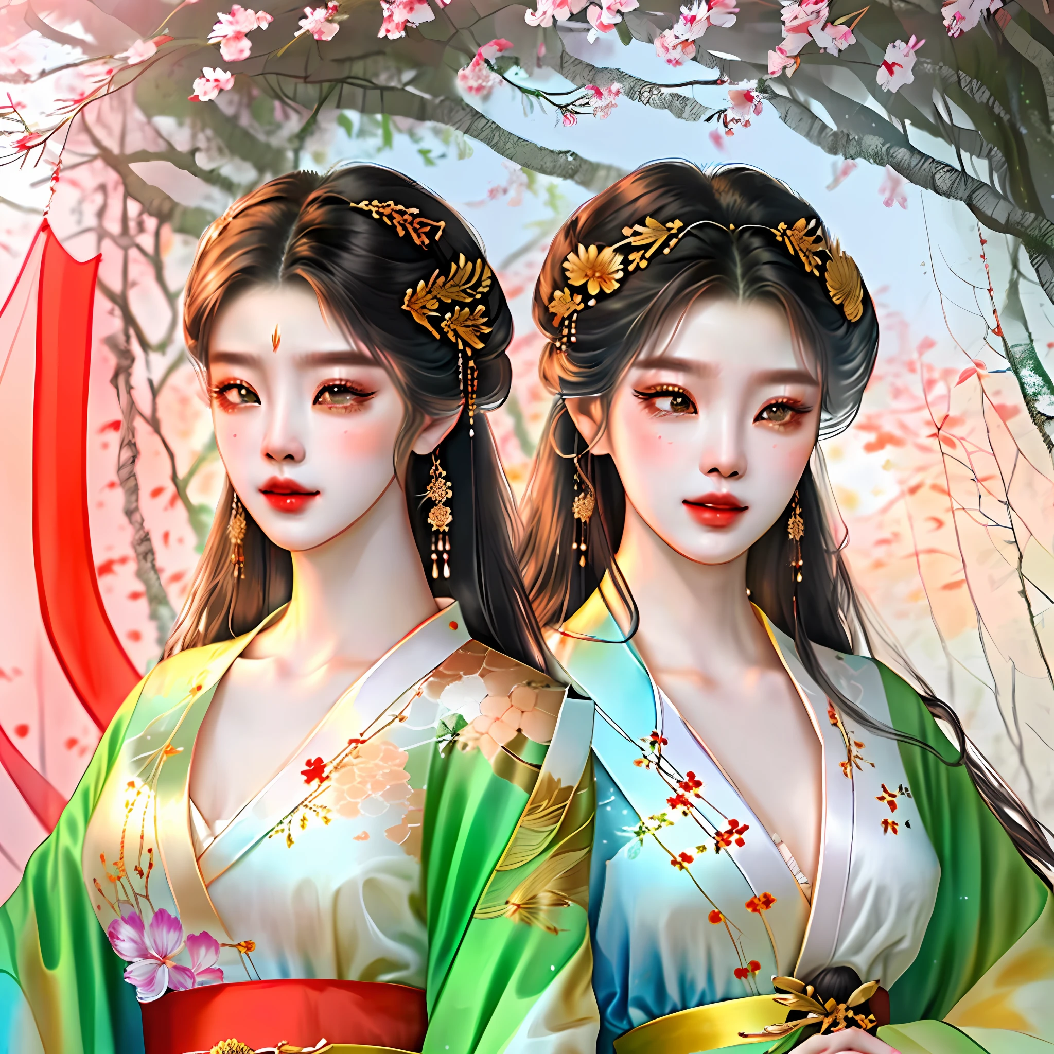 extremely detailed illustration of a incredibly beautiful korean woman in a detailed hanbok with long hair floating, curvy full body, asian style, intricately detailed fantasy korean pine tree garden, magical lights surrounding her, tetrad colors, color strokes, 16k resolution or higher, sharp focus, five finger hands