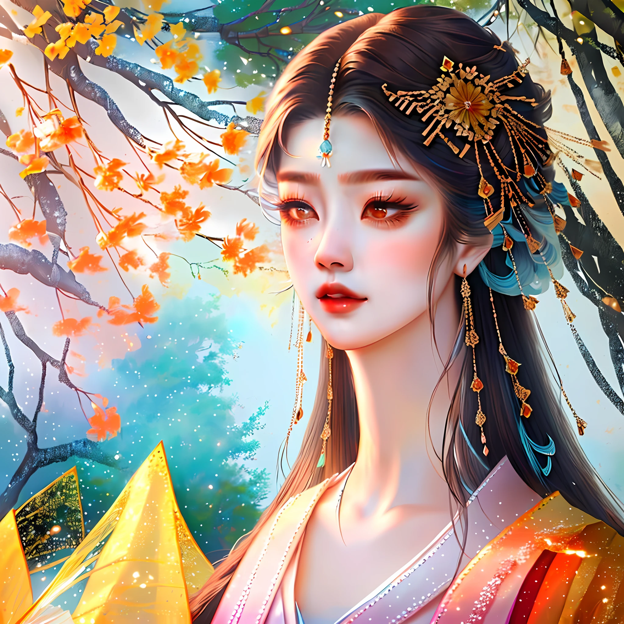 extremely detailed illustration of a incredibly beautiful korean woman in a detailed hanbok with long hair floating, curvy full body, asian style, intricately detailed fantasy korean pine tree garden, magical lights surrounding her, tetrad colors, color strokes, 16k resolution or higher, sharp focus, five finger hands