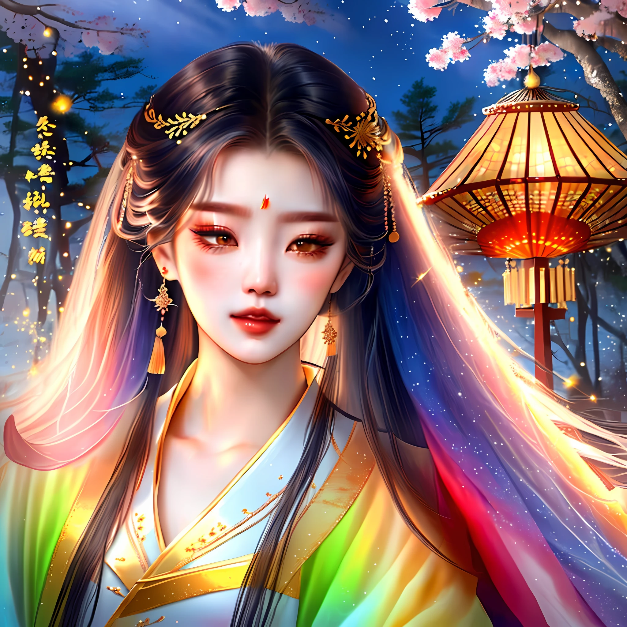 extremely detailed illustration of a incredibly beautiful korean woman in a detailed hanbok with long hair floating, curvy full body, asian style, intricately detailed fantasy korean pine tree garden, magical lights surrounding her, tetrad colors, color strokes, 16k resolution or higher, sharp focus, five finger hands