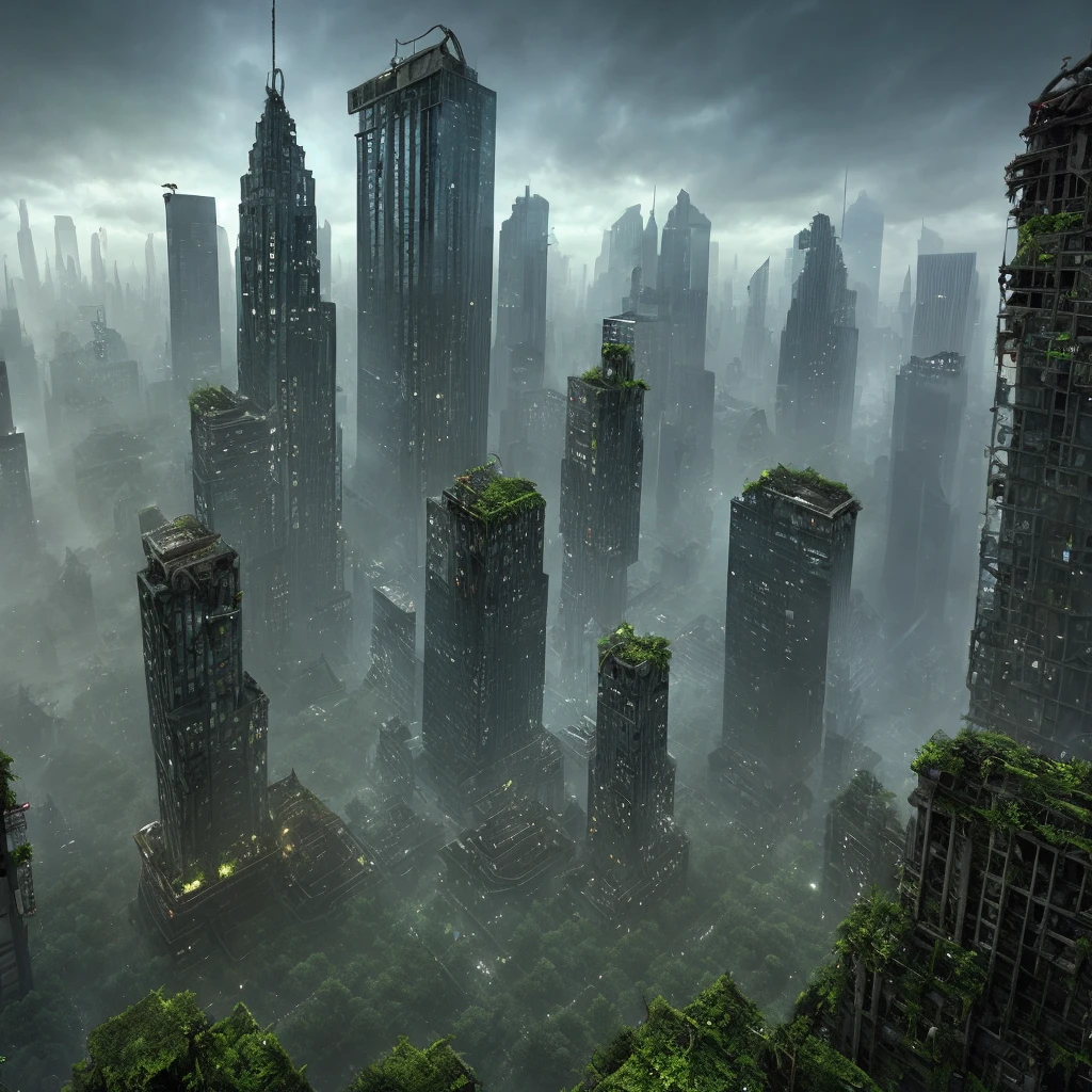 Abandoned skyscrapers and ruins taken over by nature and ghosts in a city long forgotten and decaying, create an eerie and unsettling atmosphere with an emphasis on creepers and decay., Hyperrealism, glowing light, high quality, UHD, 16k
