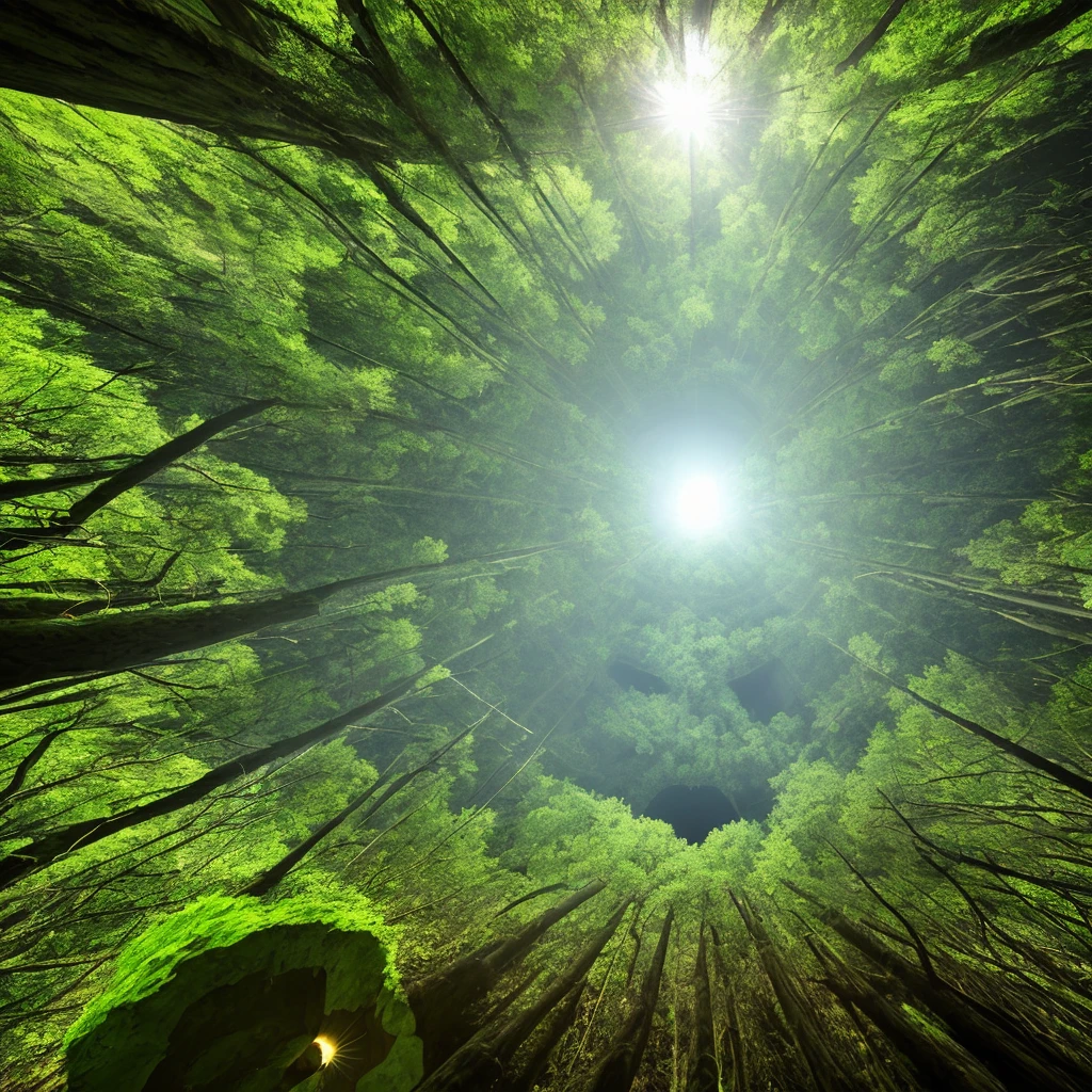 a big hole in a forest. downward looking perspective. inside the hole mysterious luses are seen. photon mapping.