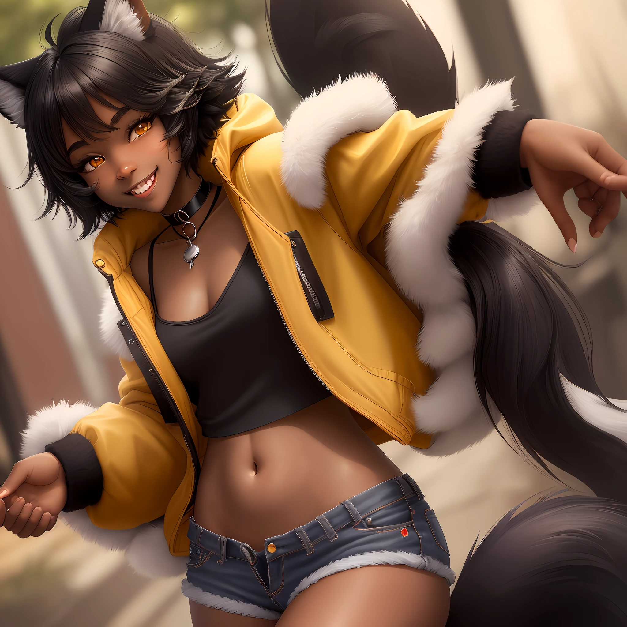 (masterpiece), lip gloss, eyelashes, glossy finish, shiny skin, best quality, super high resolution, depth of field, yellow eyes, Werewolf Girl, short jean shorts, short shorts, short hair, black hair, girl, furry, red jacket, red jacket with white shirt inside, white shirt, belly out, tanquinho outside, smiling, wolf ears, wolf tail, werewolf hairy tail,  hairy tail, hairy black tail, dark skin, dark-skinned girl, brown color ethnicity, sharp teeth, with a black collar on the neck, black choker