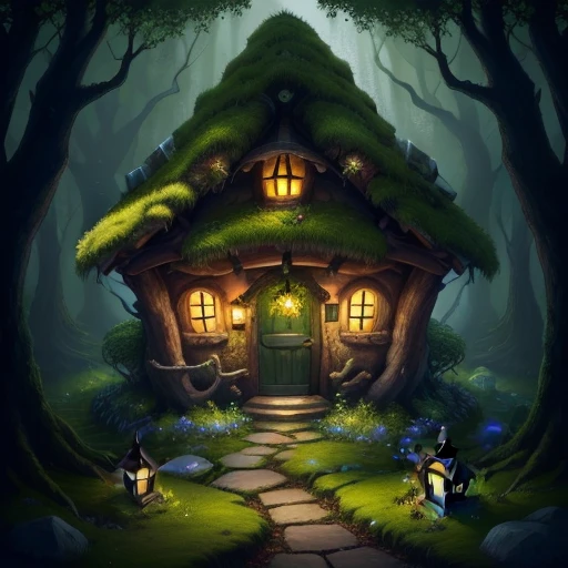 small fairy tale house with a moss roof. Some stone details. Trees around it. A small path leads to the house. On the sides of the way are some lanterns. A mythical Forest. Dark