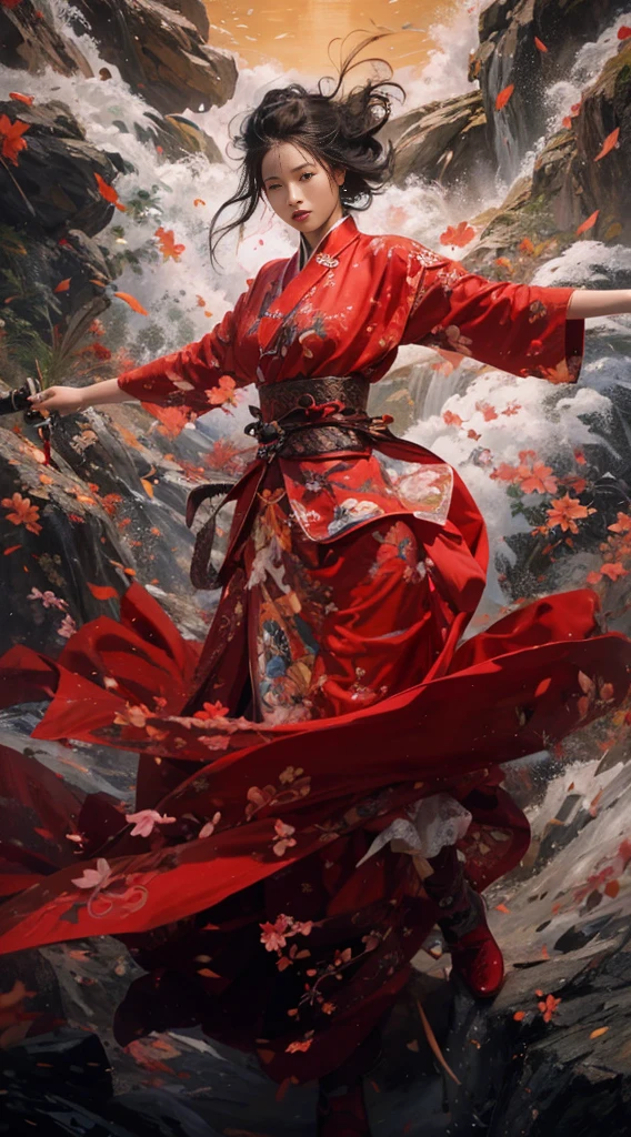 raw photo, best quality, masterpiece, ultra high res, (photorealistic:1.4), Anime a poster, 1hand holding a big long knife, two hands, wear kungfu master cloth, wave, chinese traditional ink style, Maiden Dragon Slayer, main color is red and white and black ink, dynamic movement, dynamic pose, movement, full body::1 Amazing Vector in oil painting environmental art cinematic, diorama, intricate detail, solo, dress, floating_hair
