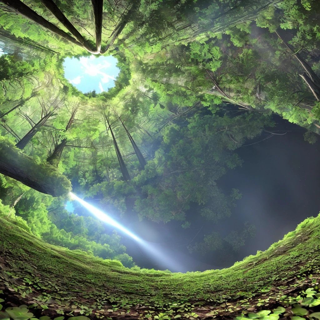 a big hole in a forest. downward looking perspective. inside the hole mysterious luses are seen. photon mapping.