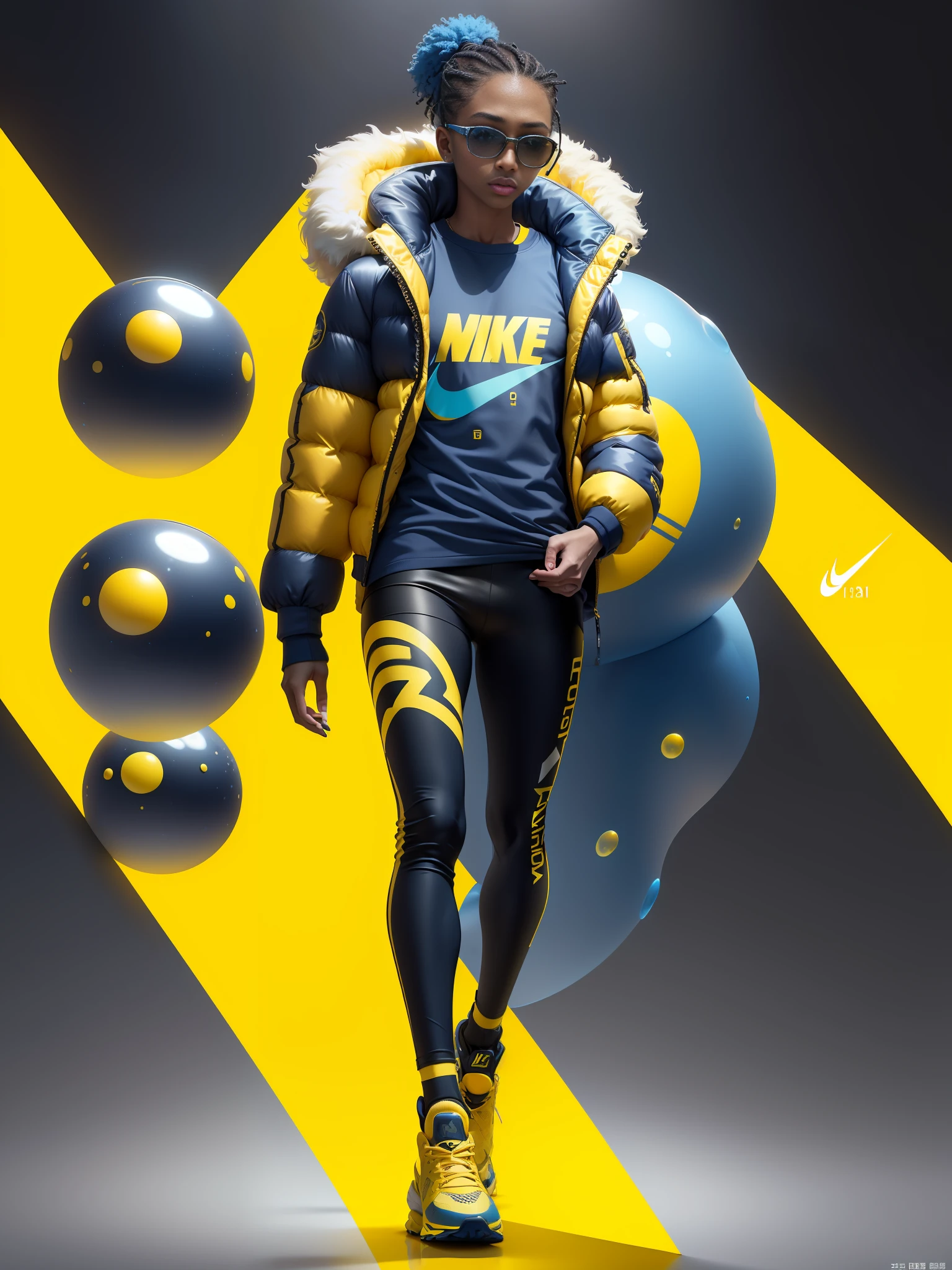 A stylish one-man design space background full of bubbles and fluffy winter down jacket design space background Cyberpunk ((yellow sea blue: 1.3) + (fashion: 1.1) + (trendy: 1.2)), (nike logo), (corona rendering), ((winter down jacket concept + concept art design): 1.3), (8K: 1.3), (2:3 aspect ratio + warm color Q2), (750 pixels), ((fashion elements) :( 1.1+ Yellow navy blue T-shirt blends with fashion elements)), (Dynamics: 5)