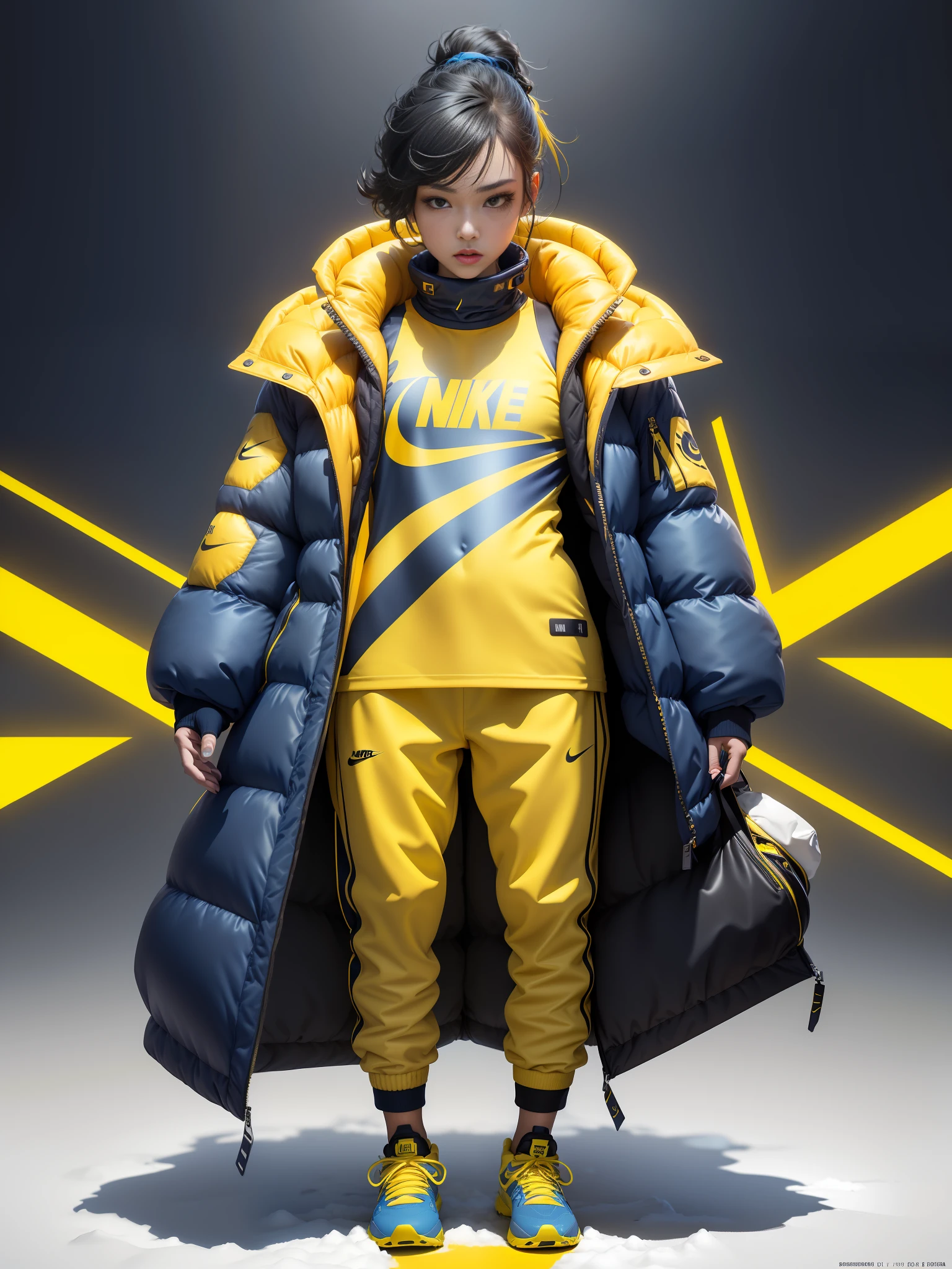 A stylish one-man design space background full of bubbles and fluffy winter down jacket design space background Cyberpunk ((yellow sea blue: 1.3) + (fashion: 1.1) + (trendy: 1.2)), (nike logo), (corona rendering), ((winter down jacket concept + concept art design): 1.3), (8K: 1.3), (2:3 aspect ratio + warm color Q2), (750 pixels), ((fashion elements) :( 1.1+ Yellow navy blue T-shirt blends with fashion elements)), (Dynamics: 5)