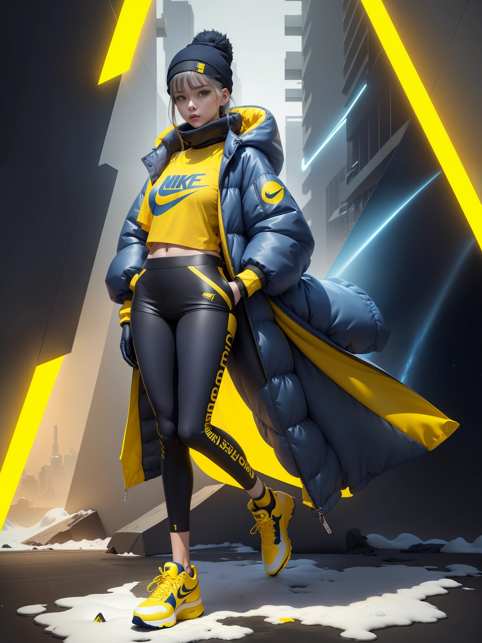 A stylish one-man design space background full of bubbles and fluffy winter down jacket design space background Cyberpunk ((yellow sea blue: 1.3) + (fashion: 1.1) + (trendy: 1.2)), (nike logo), (corona rendering), ((winter down jacket concept + concept art design): 1.3), (8K: 1.3), (2:3 aspect ratio + warm color Q2), (750 pixels), ((fashion elements) :( 1.1+ Yellow navy blue T-shirt blends with fashion elements)), (Dynamics: 5)