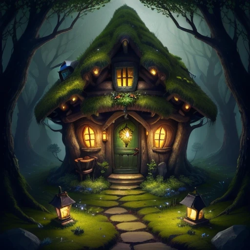 small fairy tale house with a moss roof. Some stone details. Trees around it. A small path leads to the house. On the sides of the way are some lanterns. A mythical Forest. Dark