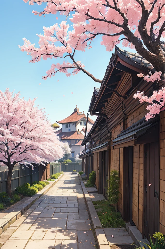 (masterpiece, top quality, best quality, official art, beautiful and aesthetic:1.2),extreme detailed,colorful,highest detailed,branch, building, chain-link fence, cherry blossoms, fence, long hair, outdoors, petals, landscape, rain, tree,sky,street