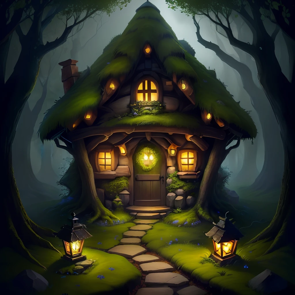 small fairy tale house with a moss roof. Some stone details. Trees around it. A small path leads to the house. On the sides of the way are some lanterns. A mythical Forest. Dark