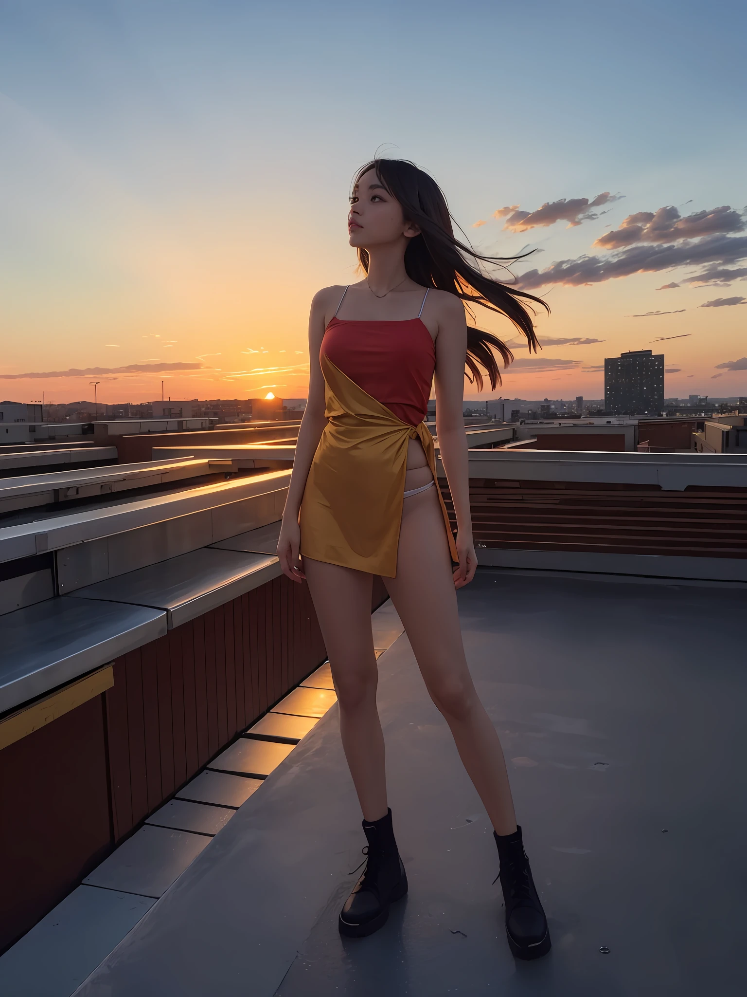 Beautiful 1:girl standing on a rooftop with a sunset in the background, with sunset, with a sunset, at a beautiful sunset, profile pic, in the sunset, at the sunset, during sunset, at golden hour, with vibrant sky, standing on rooftop, during a sunset, on rooftop, standing on a rooftop, taken at golden hour, shot at golden hour