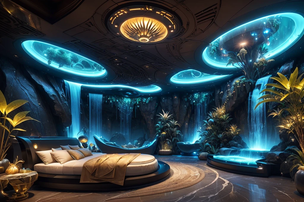 incredible luxurious futuristic bedroom interior in Ancient Egyptian style with many ((lush plants)) (lotus flowers), ((palm trees)), rocky walls, (sand), ((waterfalls)) (marble), ((precious minerals)), ((metals)), (gemstones), crystals, clouds and ((water)), (curvy futuristic furniture), crocodiles, (hieroglyphics), (((ultra luxury))), (black marble) – with ((beautiful lights)), Unreal Engine, HQ, 16k
